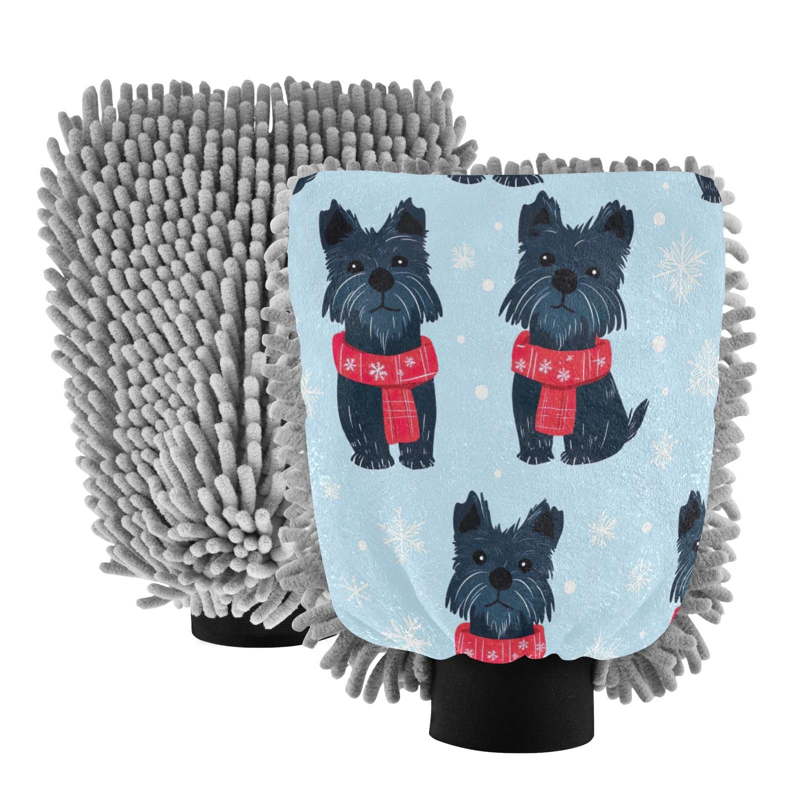 STAYTOP Cute Dog Wearing A Red Scarf Car Wash Mitt Microfiber, 2Pcs Scratch Free Lint-Free, Premium Chenille Microfiber Mitt Car Wash Brush-L