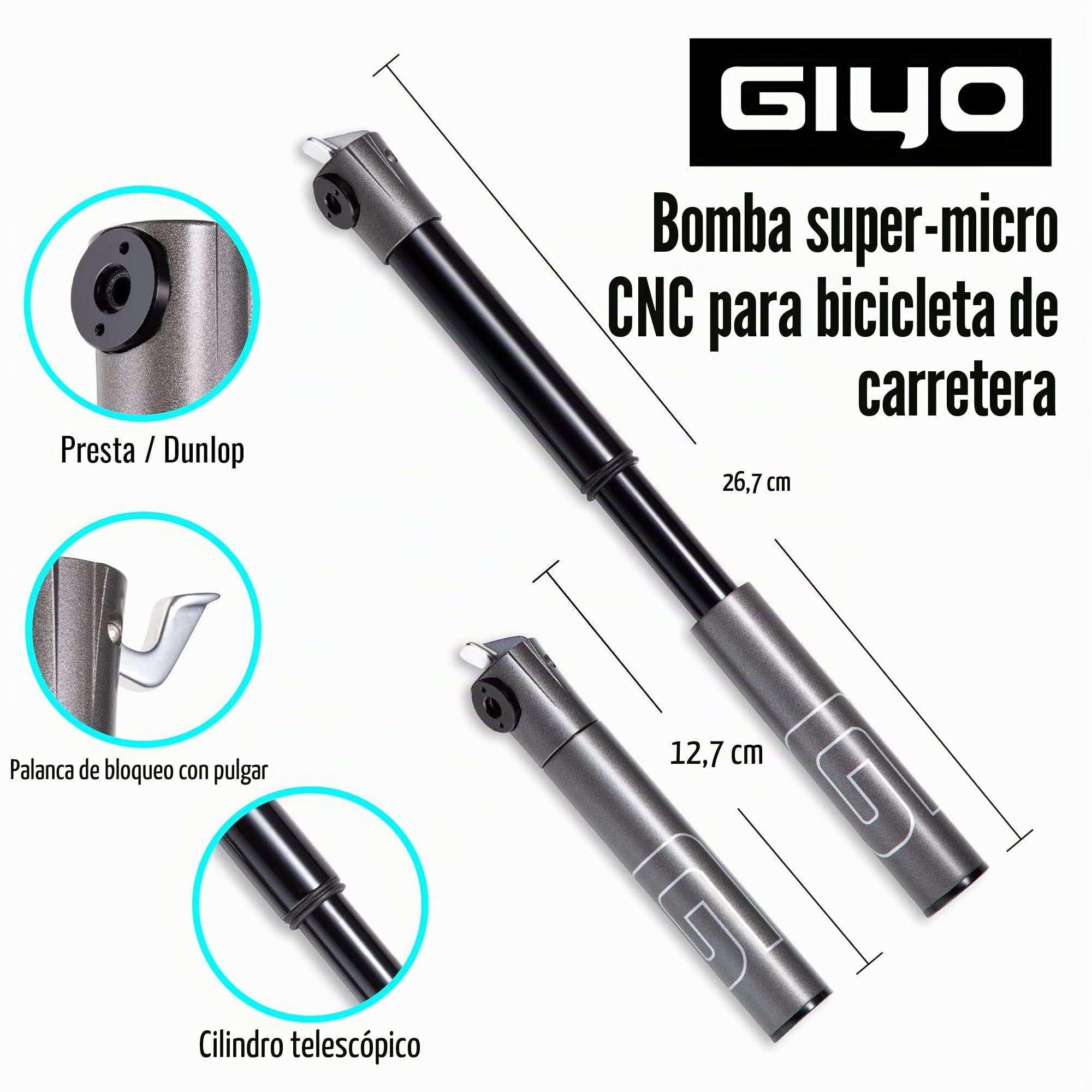 GIYO Mini Bomba de Bicicleta para Bicicletas de Carretera, válvula Presta, Barril telescópico CNC de 120 PSI, Ligera y portátil, Bloqueo de válvula Seguro, Fabricado en Taiwán (GM04)
