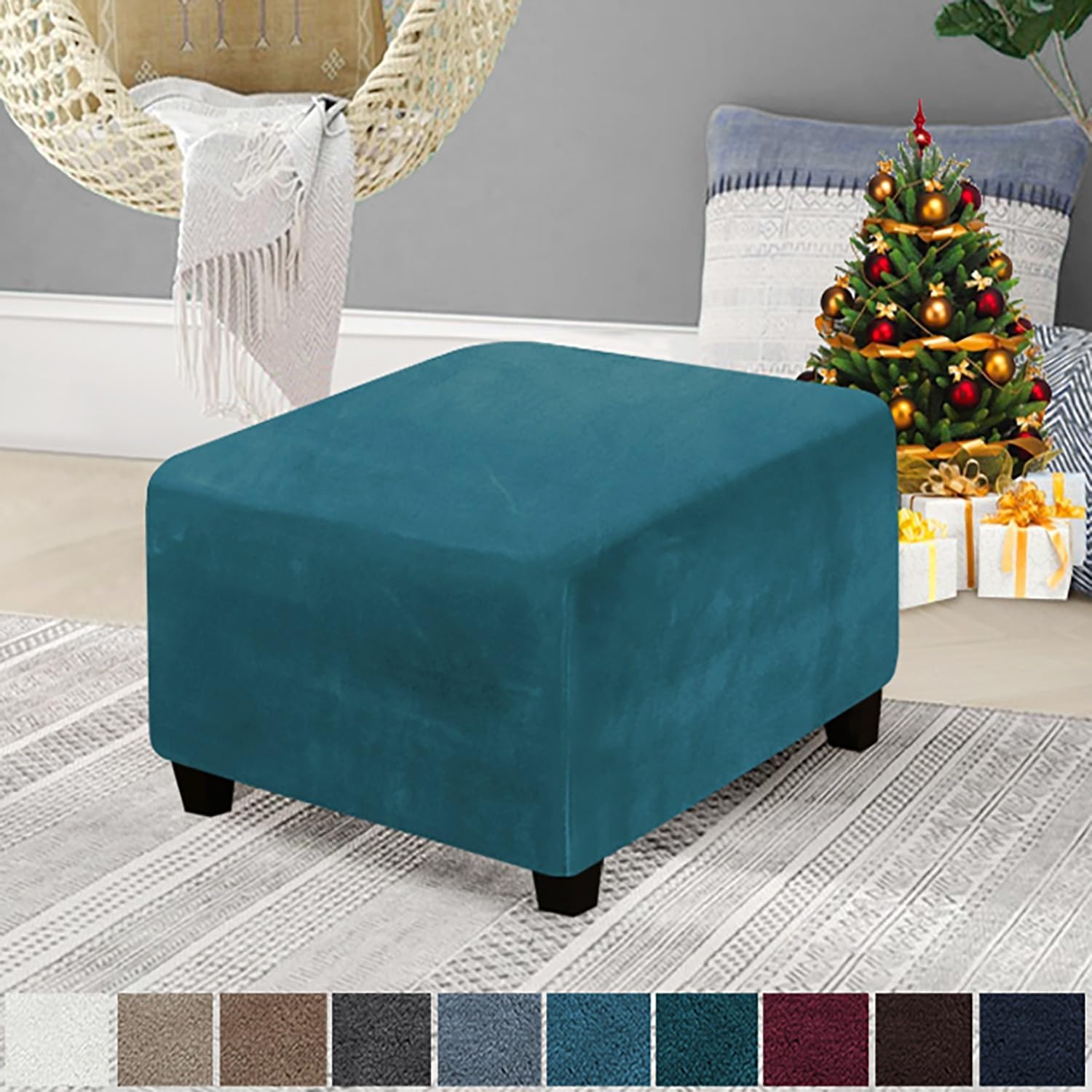 Stretch Velvet Ottoman Cover Square 40x40 60×60 80×80cm Custom Ottoman Slipcover Stretch Stool Protector Hassock Covers for Footstool Footrest Pouf(Burgundy,90x90cm)