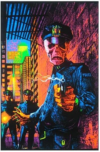 Name Of The Law Zombie - Póster clásico retro Trippy flocado de fieltro aterciopelado UV luz negra reactiva policía psicodélico policía esqueleto