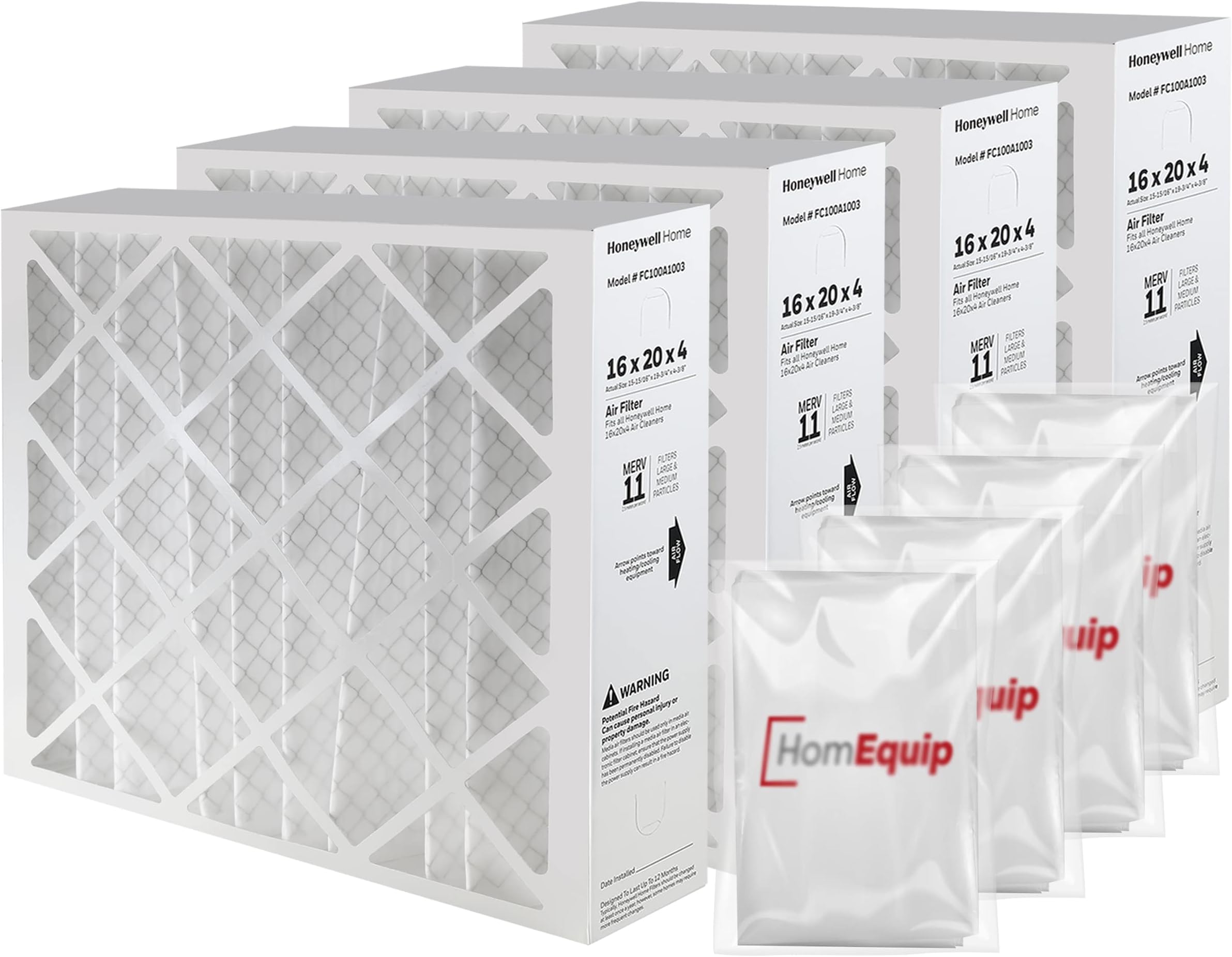Honeywell16x20x4 Air Filter Replacement - FC100A1003 HVAC Furnace Filters Merv 11 Filter Media, AC Filter with Homequip Disposal Bag, 4-Pack (Actual Size: 15.94 x 19.75 x 4.38 Inches)
