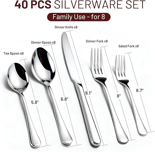 Miniatura 5 de Kikcoin Juego de 40 piezas de cubiertos para 8, juego de cubiertos de acero inoxidable de peso equilibrado, juego de cuchillos, cucharas y tenedores