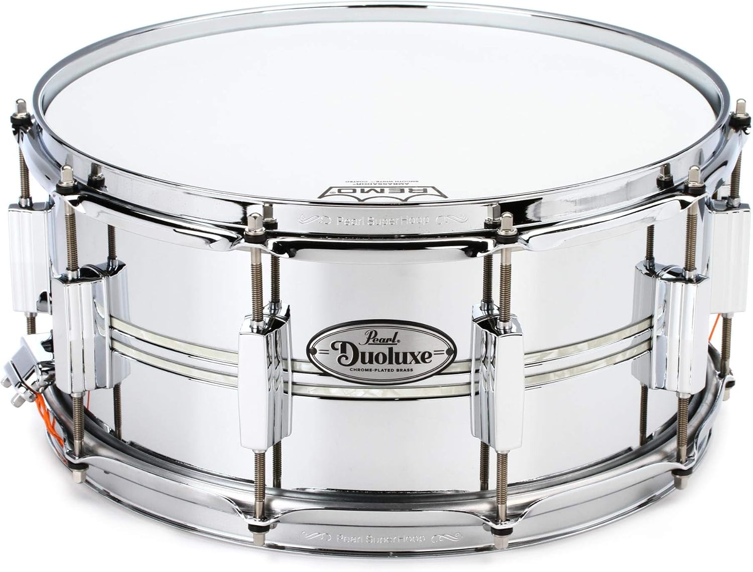 Pearl DuoLuxe 14″x6.5″ Chrome-over-Brass Inlaid Snare Drum (DUX1450BR405) with twin Nicotine White Marine Pearl Inlays and Classic BSL Lugs.