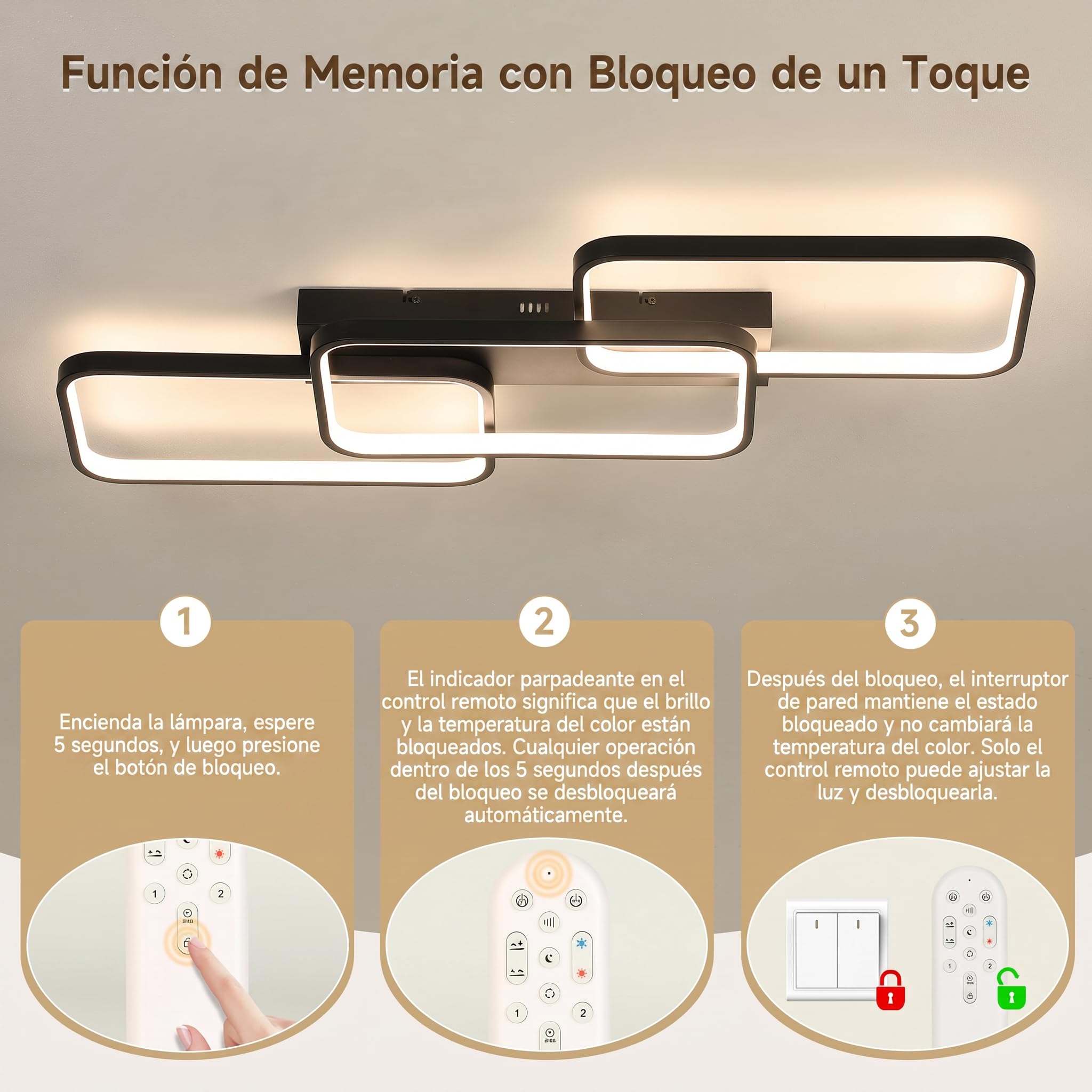 OTREN Lámpara Techo Salón Regulable Moderno 82cm 60W 6000LM, 3000K-6500K con Mando a Distancia, Plafón LED Negro con Memoria y Luz Nocturna para Dormitorio, Cocina y Comedor