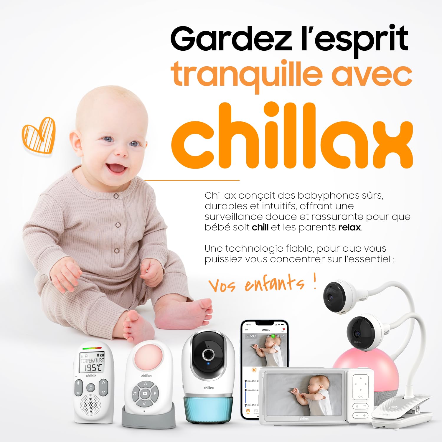 CHILLAX - Babyphone Audio CB260 - DECT - Écran LCD - Modes VOX et Eco - Capteur de Température avec Alerte - Indicateurs de son - Portée 340 m - Veilleuse & 5 Berceuses - Autonomie 13h - Talkie-Walkie