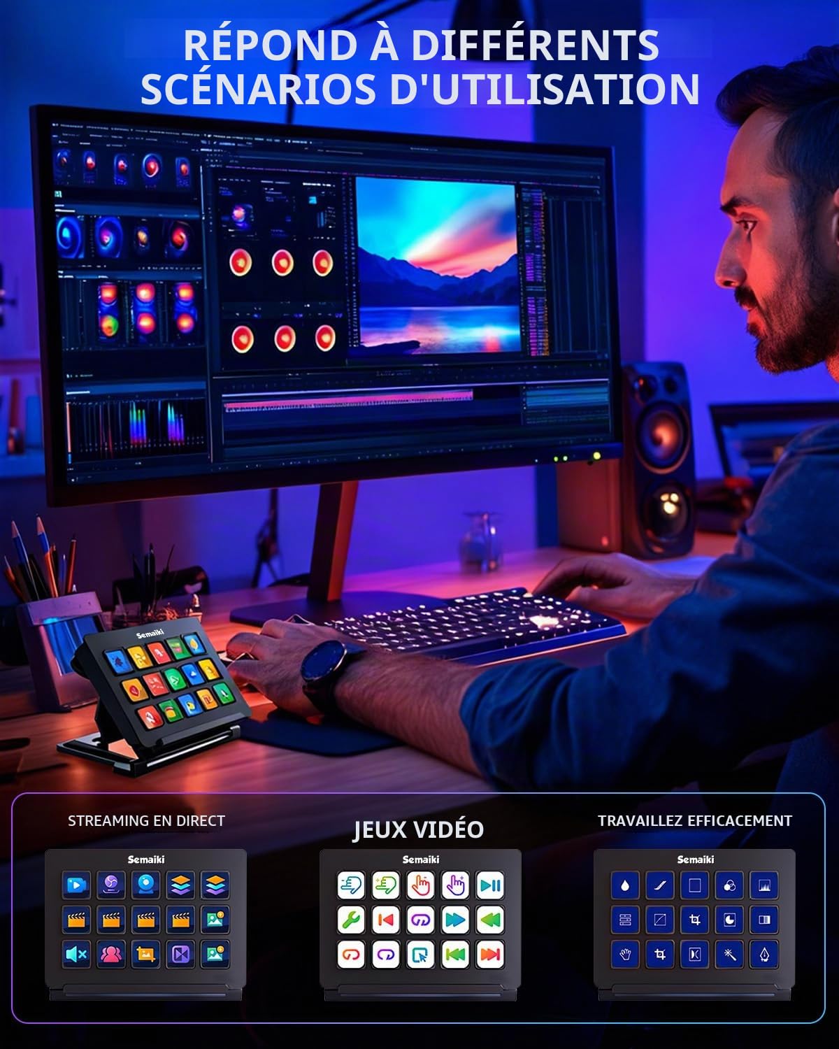 Semaiki Stream Controller Clavier macro avec 15 touches macro LCD personnalisables, déclenche des actions dans les applications et les logiciels tels que OBS, Twitch, Streamlabs, Discord, Mac et