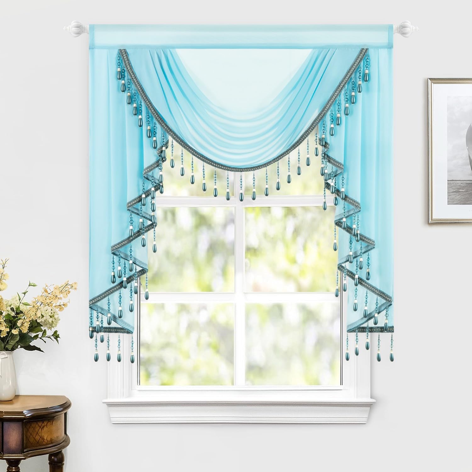 Leeva Sky Blue Sheer Valance, Vintage Waterfall Swag with Crystal Beads, 39" Wide Curtain for Bedroom Nursery, Rod Pocket