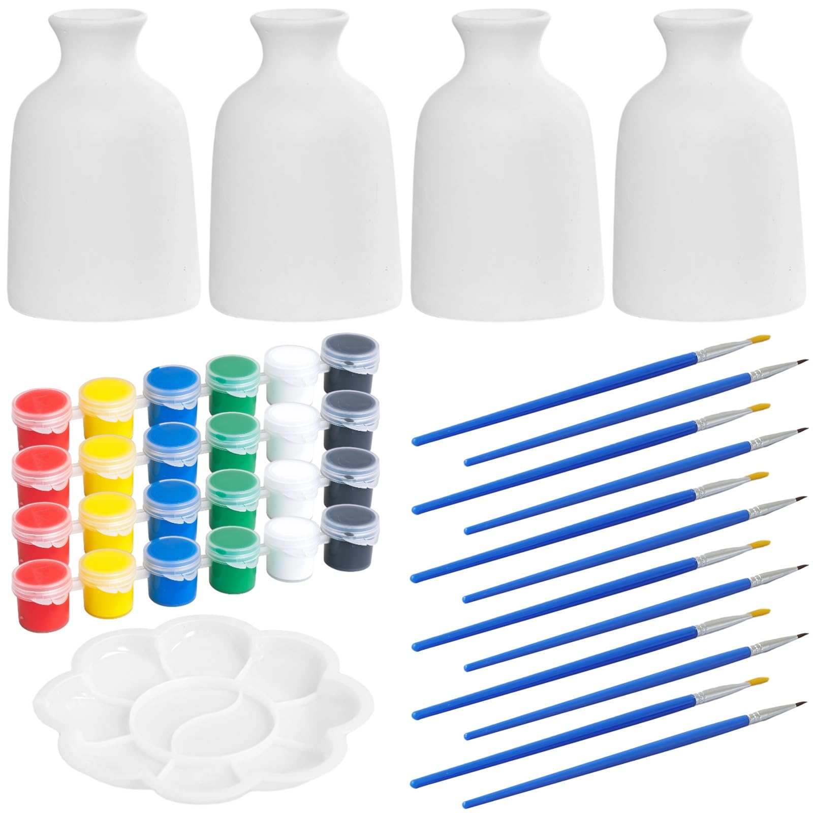 Chewtoyo Zestaw do malowania ceramicznego dla dorosłych, biały wazon z 6 kolorami farb, 2 pędzlami i paletą płatków, zestaw do malowania garncarskiego DIY do sztuki domowej, dekoracji i kreatywnego