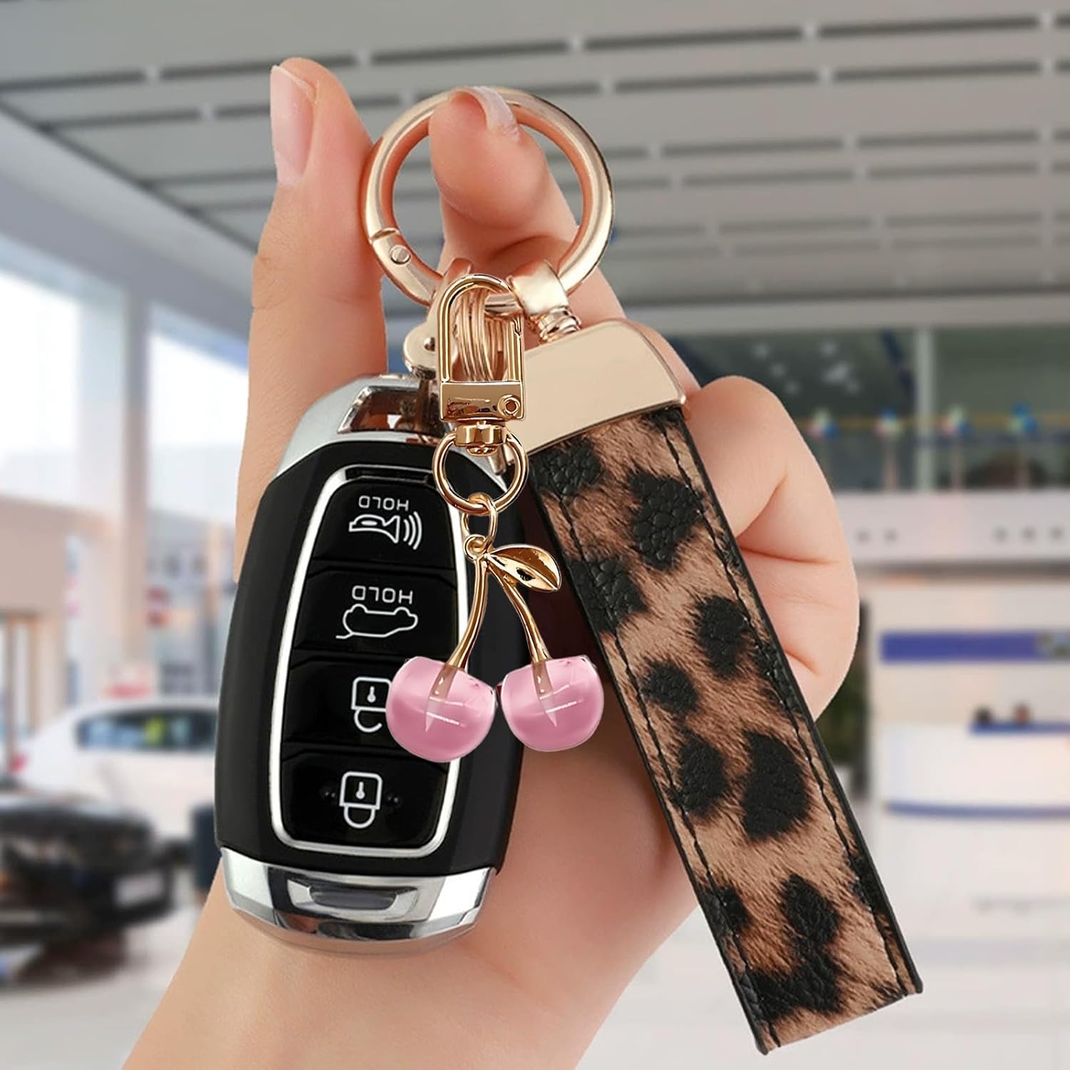 Angyape Cherry Keychain Wristlet Leather Car Keychain for Women Cute Purse Bag Charms Key Fob Holder with Keyrings Gifts