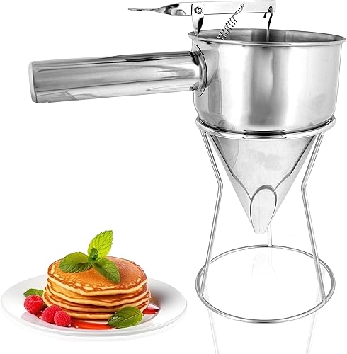 Lot45 Dispensador de masa para panqueques, embudo de pistón cónico de acero inoxidable con soporte de acero