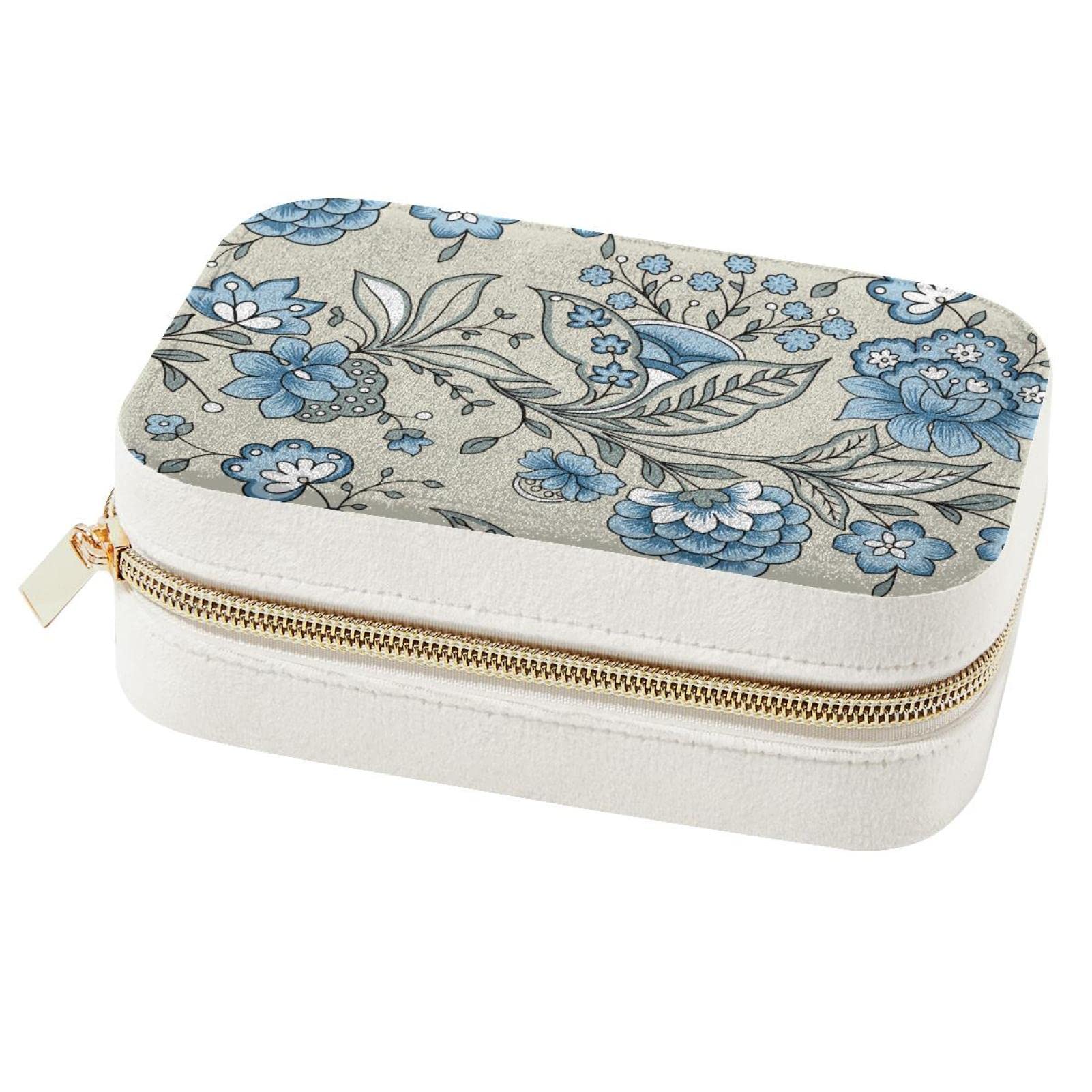 Boîte à bijoux de voyage fleur bleue, rangement bagues colliers portatif