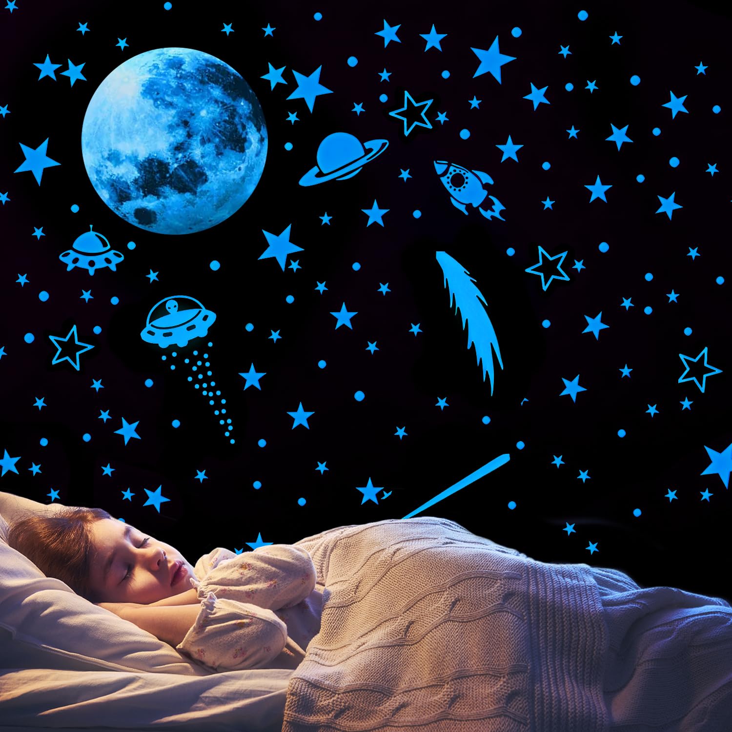 Pegatinas de pared de estrellas luminosas, cohetes y planetas que brillan en la oscuridad, pegatinas de pared de estrellas luminosas, pegatinas de pared de estrellas de techo (azul)