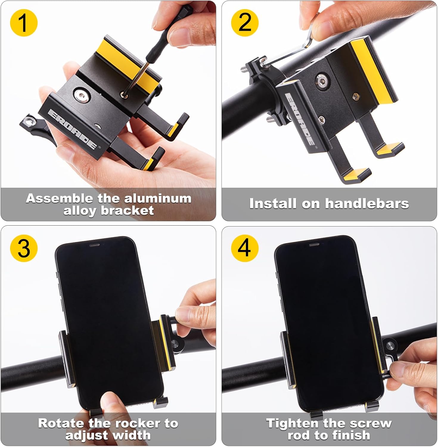 EROADE Motorcycle,Bike Phone Mount Holder,2Ounce Light and Stable Full Aluminum Motorcycle Phone Mount, Handlebar Mounted Cell Phone Holder for Bike, 360° Rotation,fit 4.5-7 Inch Phones (Yellow)