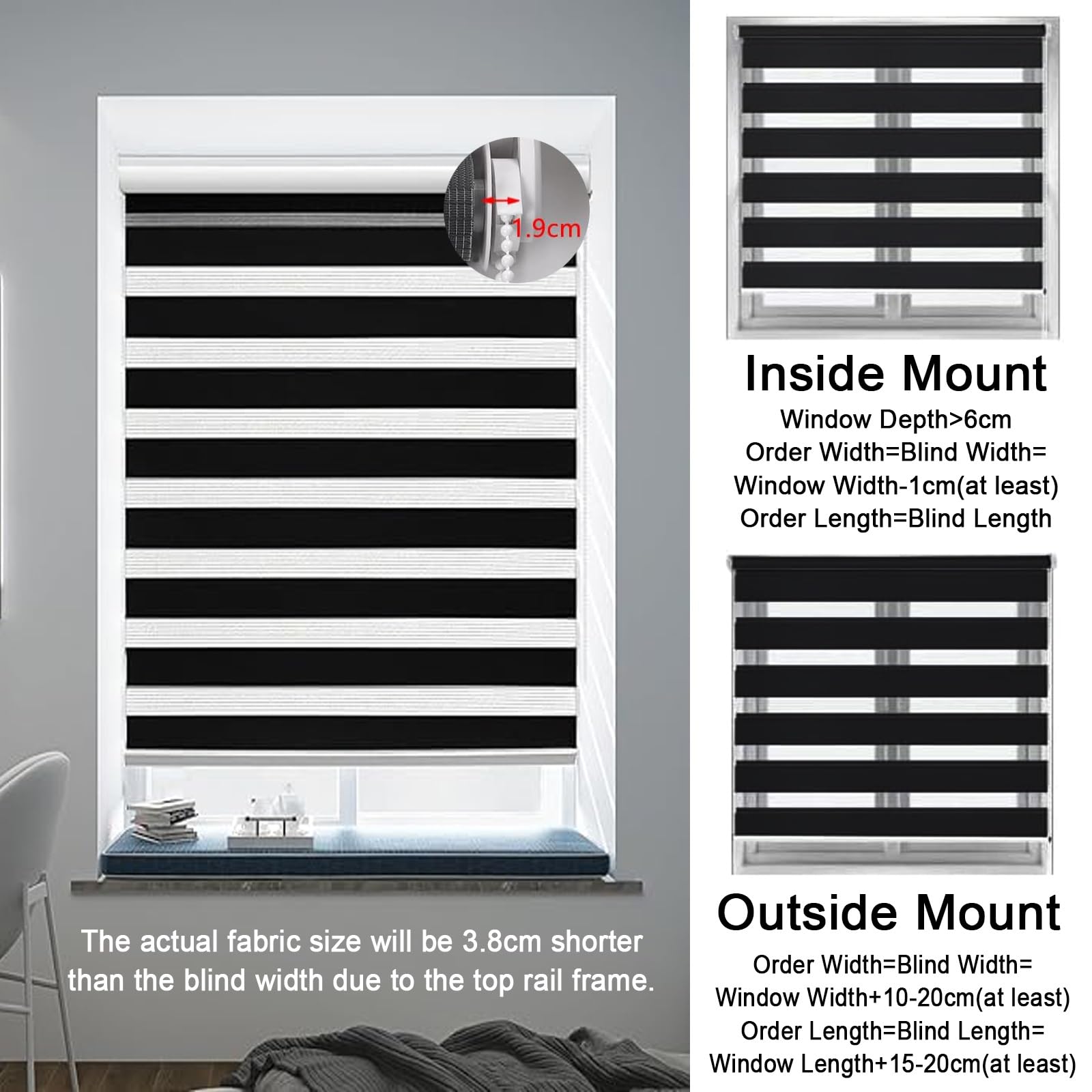 Doppelrollo Klemmfix Ohne Bohren 65 x 145 cm Blickdicht Oder Transparent, Ohne Bohren Möglich, Doppelrollo Wandmontage Rollos für Fenster, Duo Rollos für Fenster & Türen, Schwarz