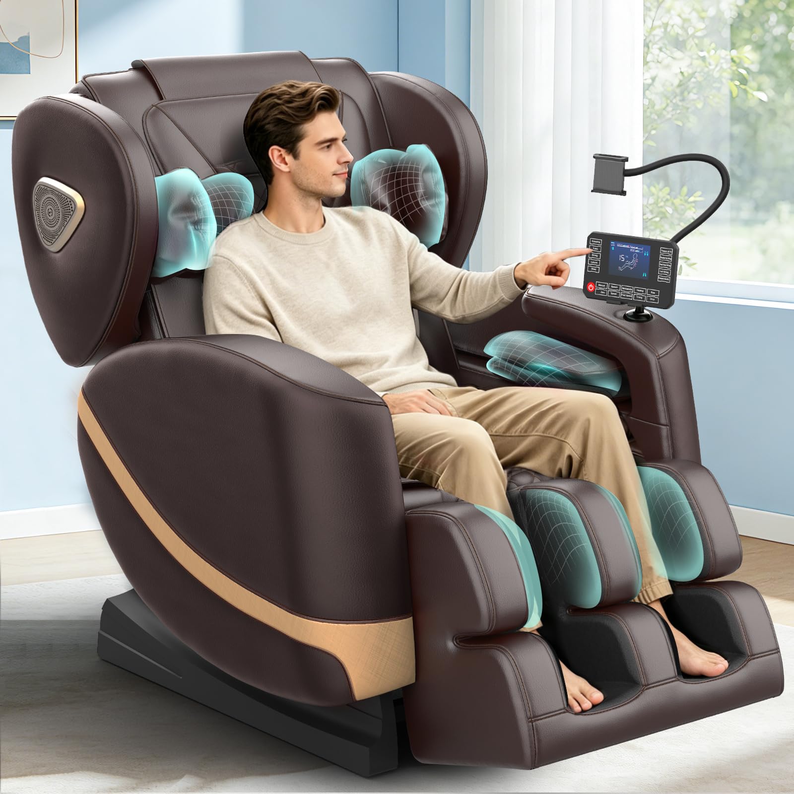 Poltrona Massaggiante per Tutto il Corpo con Rulli e Airbag, Funzione Zero Gravity, Altoparlanti Bluetooth e Touchscreen, Funzione Riscaldante per Vita e Gambe, con Massaggio Plantare (Marrone)