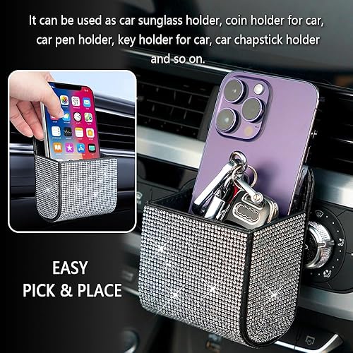 Miniatura 6 de Organizador de almacenamiento de ventilación de automóvil, bolsillo de cuero con diamantes de imitación, accesorios de automóvil brillantes para