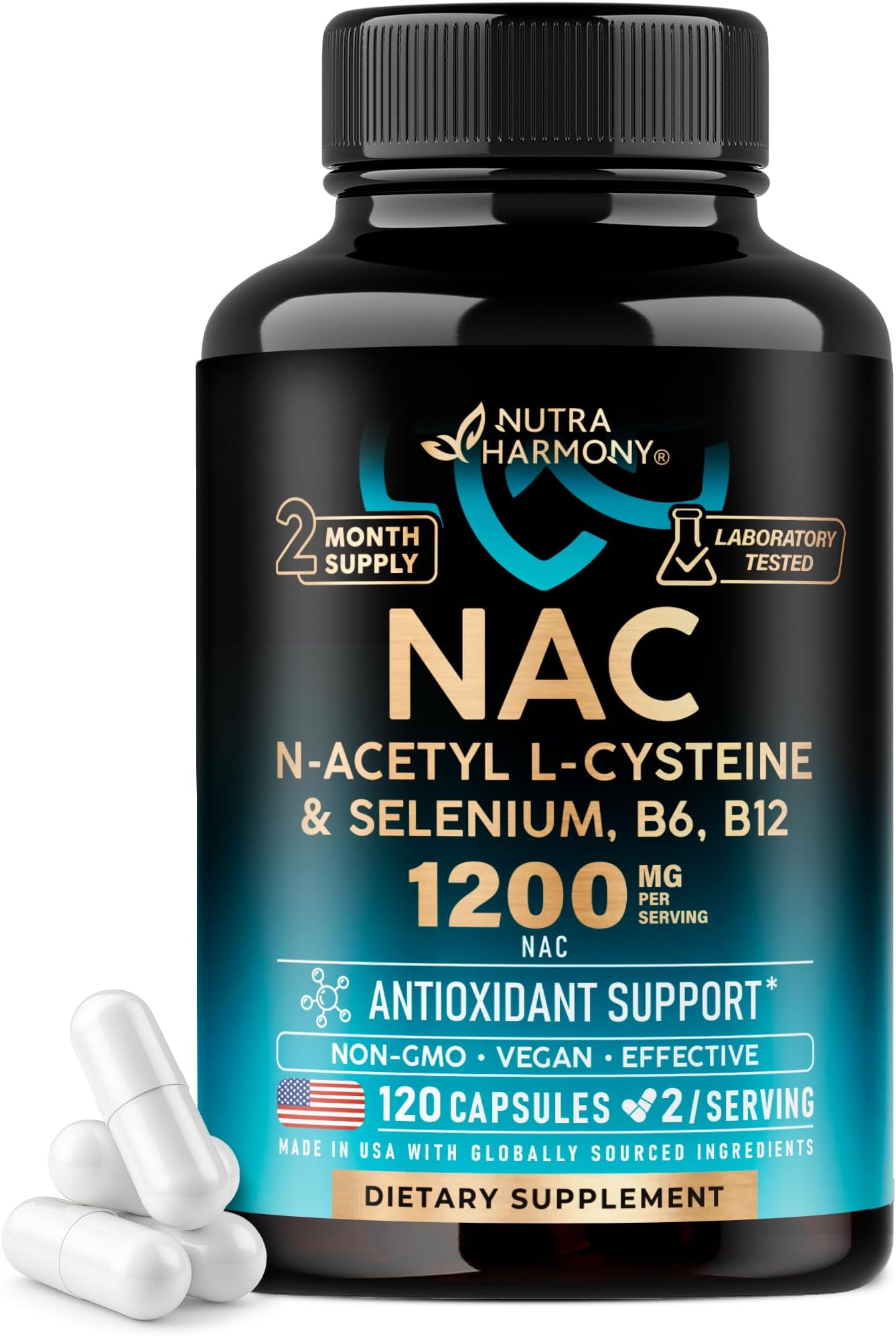 NAC Supplement | Selenium | B6 | B12 - Antioxidant, Immune Support - N Acetyl Cysteine 600 mg per Capsule, 1200 mg per Serving - Made in USA - Non-GMO, Gluten-Free, Vegan - 120 caps, 2 Month Supply