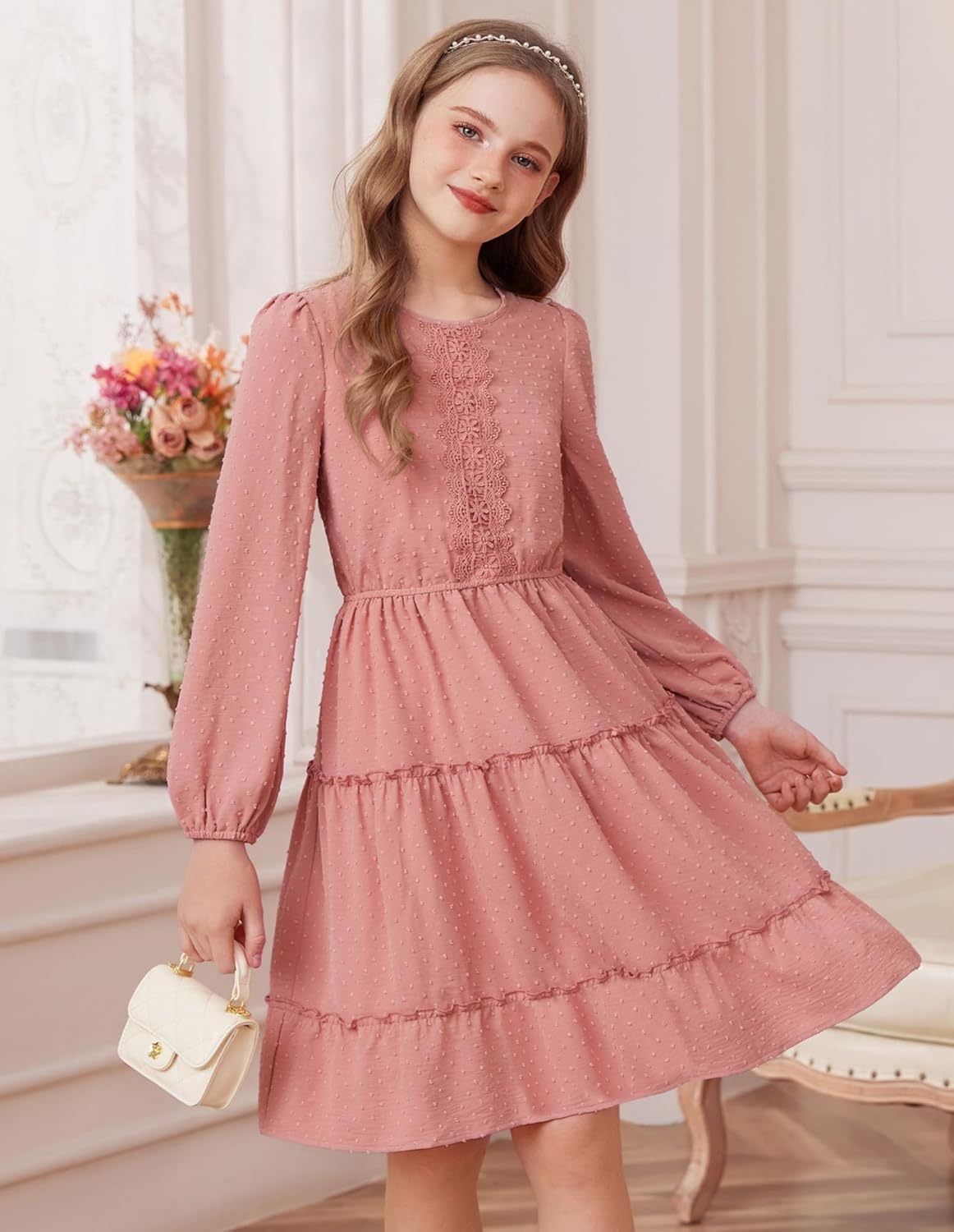 GRACE KARIN Girls Long Sleeve Fall Dress Casual Party Teen Swiss Dot Ruffle Tiered Lace Dresses for 7-14 Years - Image 3