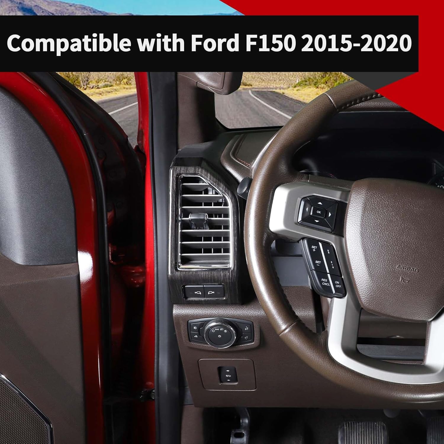 Voodonala for Ford F-150 Center Console Dash Side Vent Panel Cover Compatible with Ford F150 2015-2020(Black Wood,3Pcs/Set,Outer Left AC Vent w/Spot Light Switch)