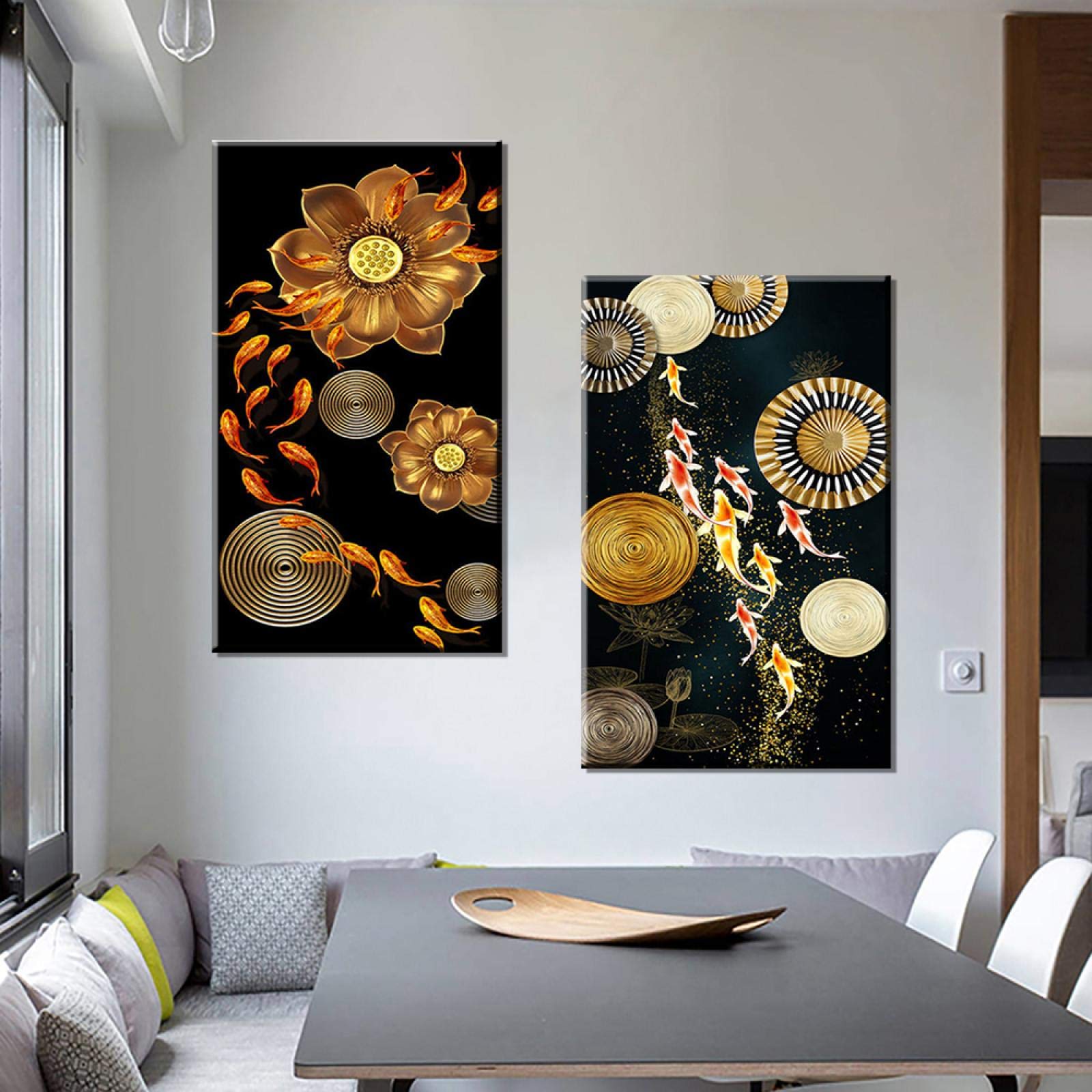 Peinture poisson chanceux pour salon zen | Grand art mural style chinois carpe koi 70x140