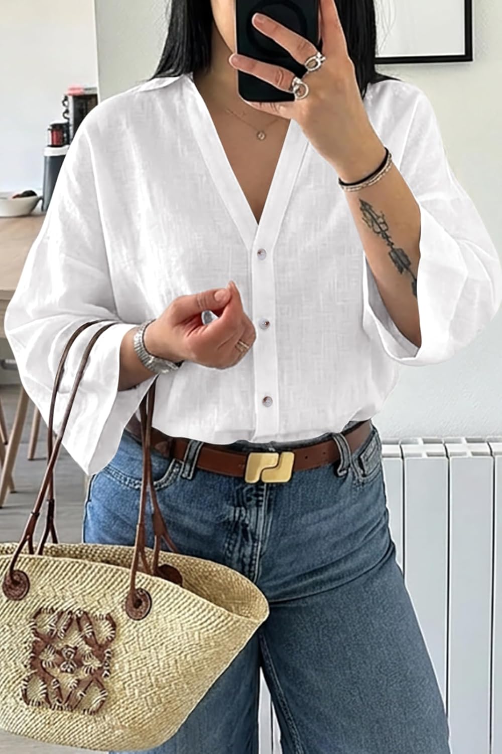 Cicy Bell Womens 3/4 Sleeve Striped Button Down Shirts Summer V Neck Tops Casual Loose Fit Work Blouse