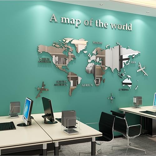 WINDIR Calcomanías de pared de mapa del mundo 3D, murales de decoración de bricolaje, calcomanías plateadas, 47 x 24 pulgadas, decoración de pared