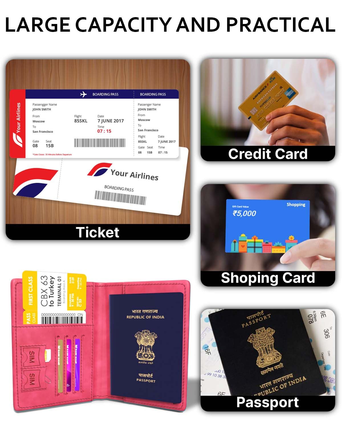 FEDUS Custodia per passaporto di alta qualità per uomini e donne, con carte di credito/debito, carta d'identità, biglietti, valuta, scomparti per carte d'imbarco, protezione RFID, organizer per