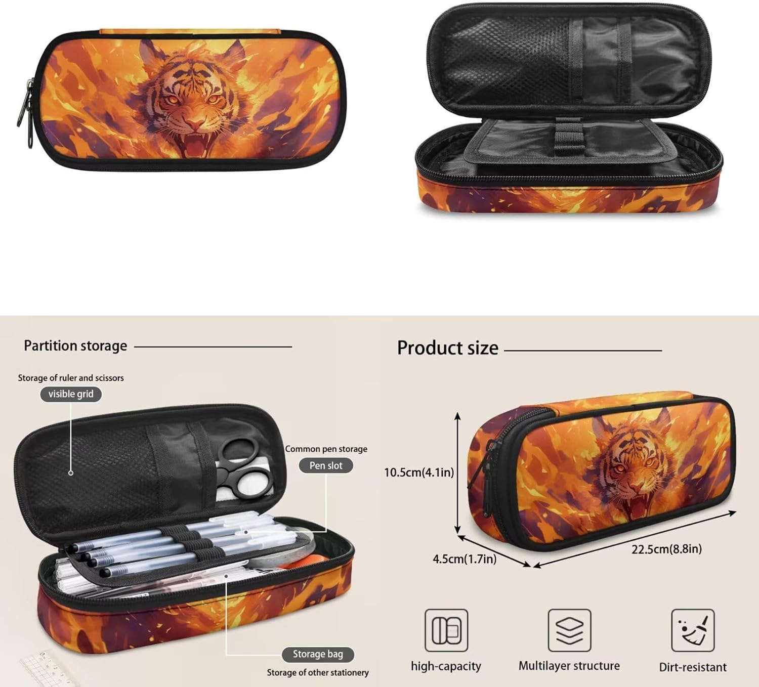 BIGCARJOB Tiger School Bags for Boys - Backpack Set with Lunch Cooler Bags - Back to School Pencil Case - Kids Water Bottle Carrier - Leather Bookmark - 5 Piece Large Bookbags Set for Elementary