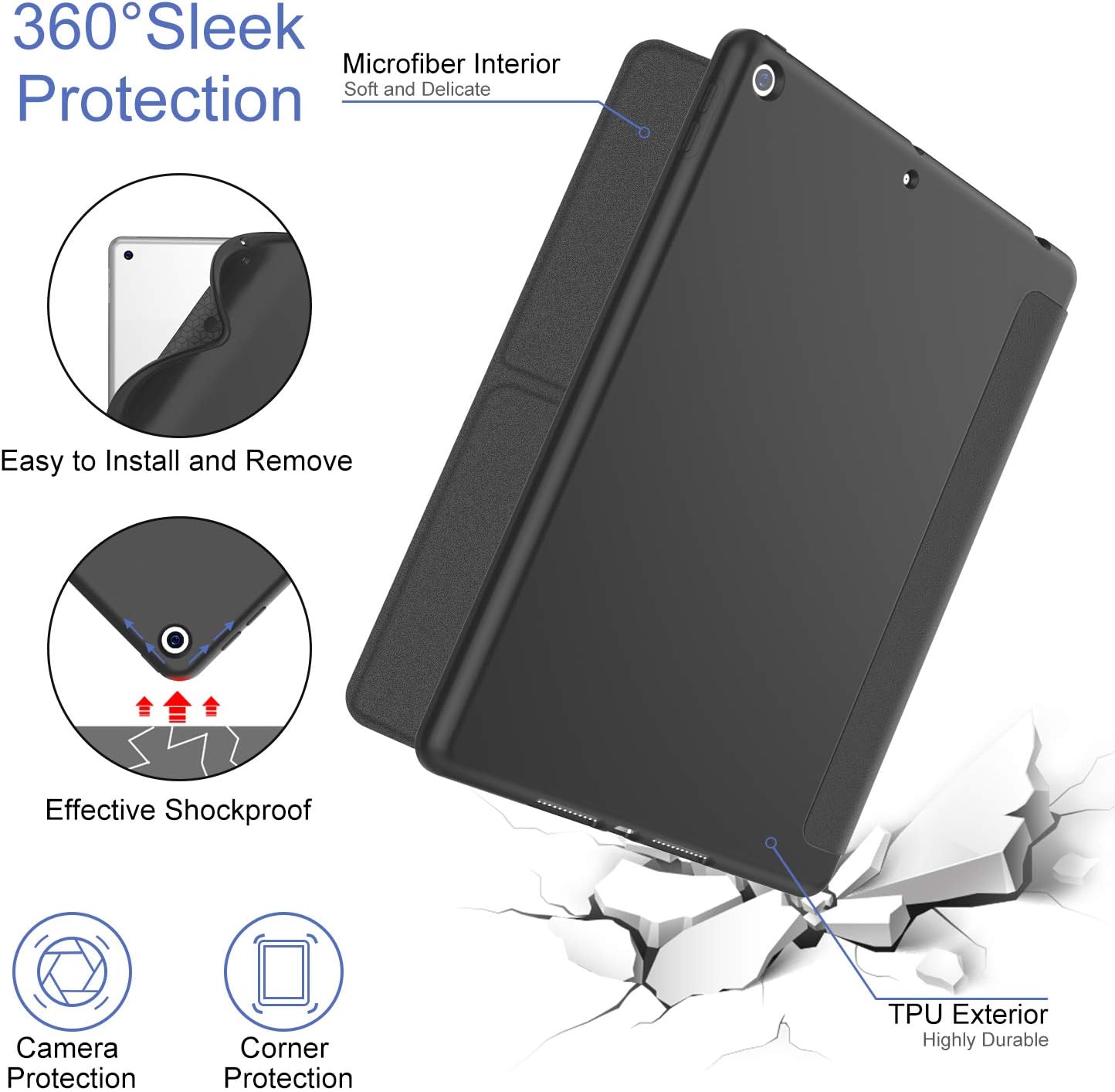 Supveco iPad 10.2 Inch Case 2021&2020&2019, 9th Generation & 8th Generation & 7th Generation iPad Case with Pencil Holder, Multiple Viewing Angles Magnetic Smart Cover, Black