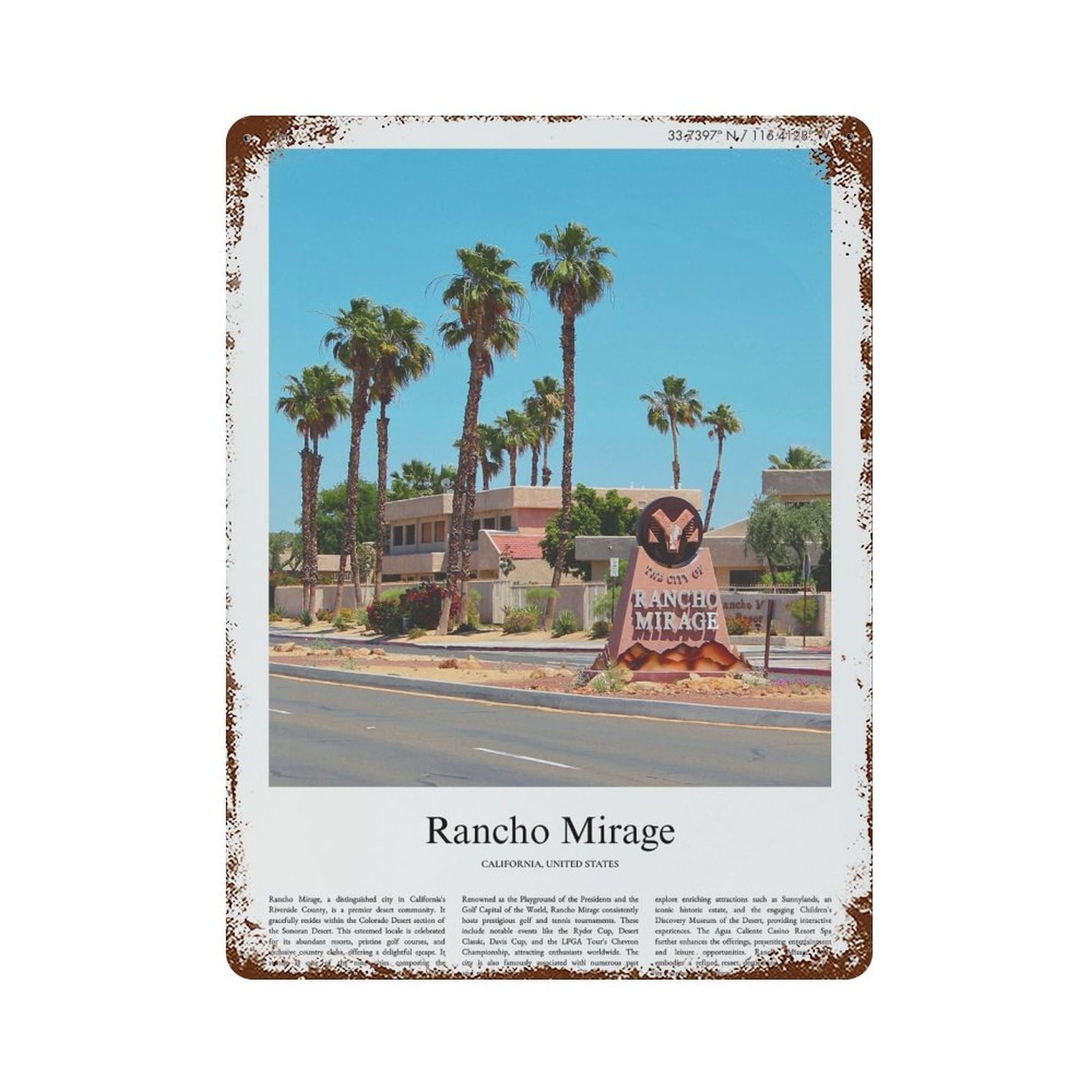 xiaoxiaoshen Rancho Mirage California, United States, USA City Scenery Wall Decor Art Metal Tin Poster Modern Home Decor Art Home Bar Shop Decorations Vintage Sign 40x30cm