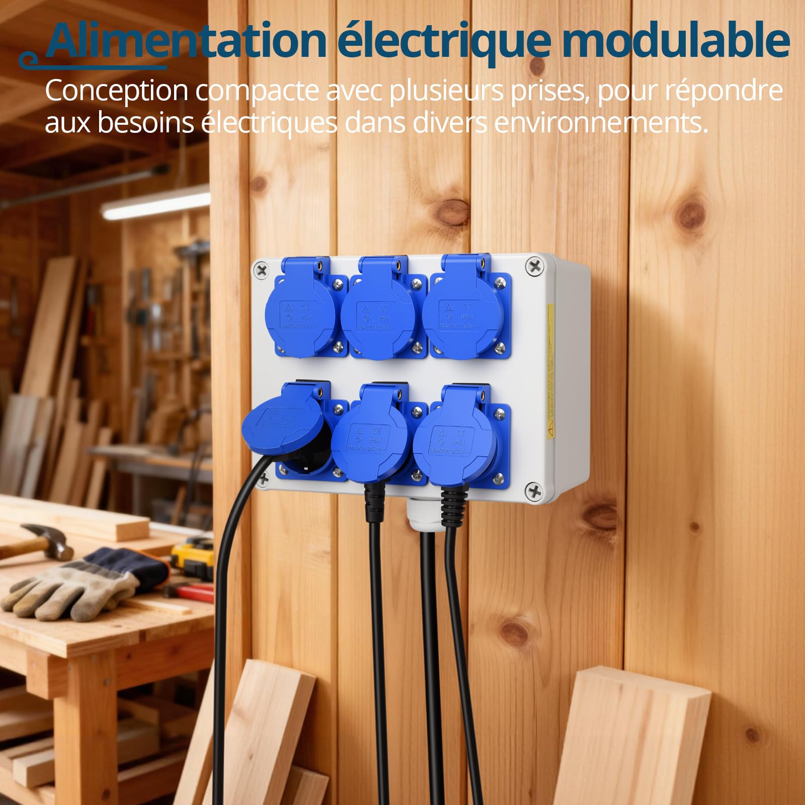 Distributeur d'alimentation mural 6 prises 16A 220V IP54, répartiteur de courant étanche pour usage intérieur et extérieur, idéal pour chantier, atelier et garage