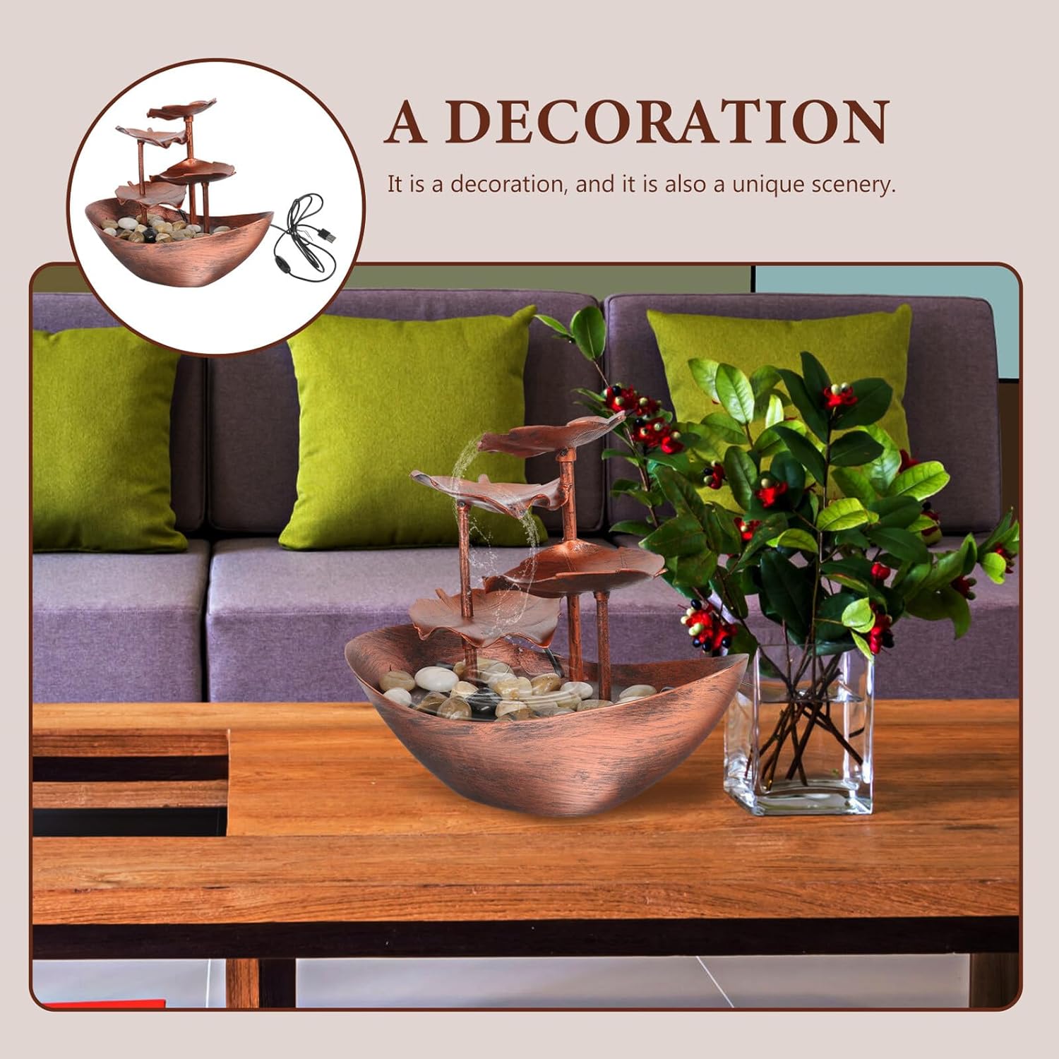 Creative Lotus Leaf Tabletop Fountain Waterfall Decoration with LED Night Light for Living Bedroom Office Home Decor Elegant Indoor Water Running Ornament