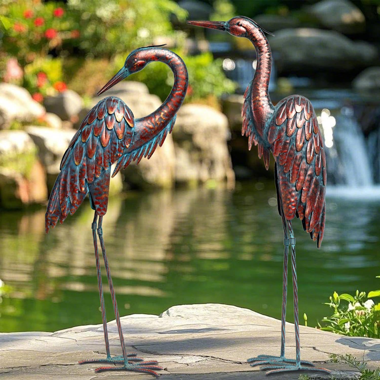 Kircust Metal Crane Statues - Set of 2 Bronze Heron Sculptures for Garden, Patio, or Yard Decor - 27.56" Tall Weatherproof Outdoor Art