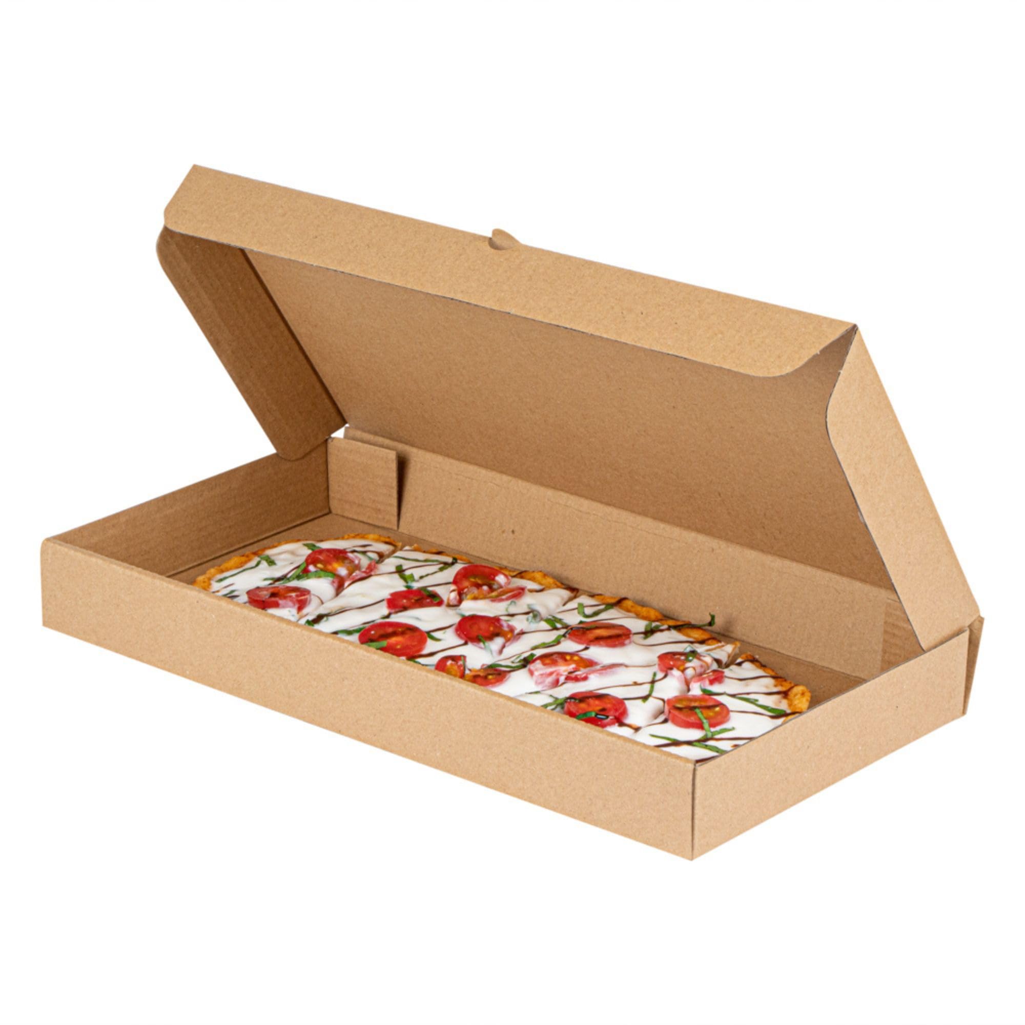 Restaurantware Pizza Boxes 50 Count 14 x 7 x 1.5 Inches Paper Flatbread Delivery Packaging Corrugated Cardboard Tab-Lock Grease-Resistant Kraft