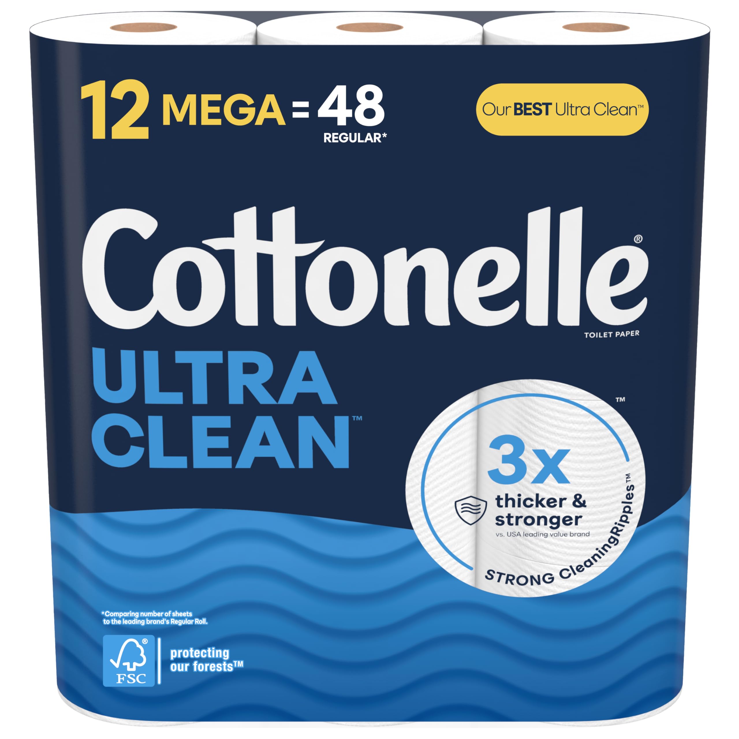 Cottonelle Ultra Clean Toilet Paper, 12 Mega Rolls (12 Mega Rolls = 48 Regular Rolls), 284 Sheets Per Roll, Packaging May Vary