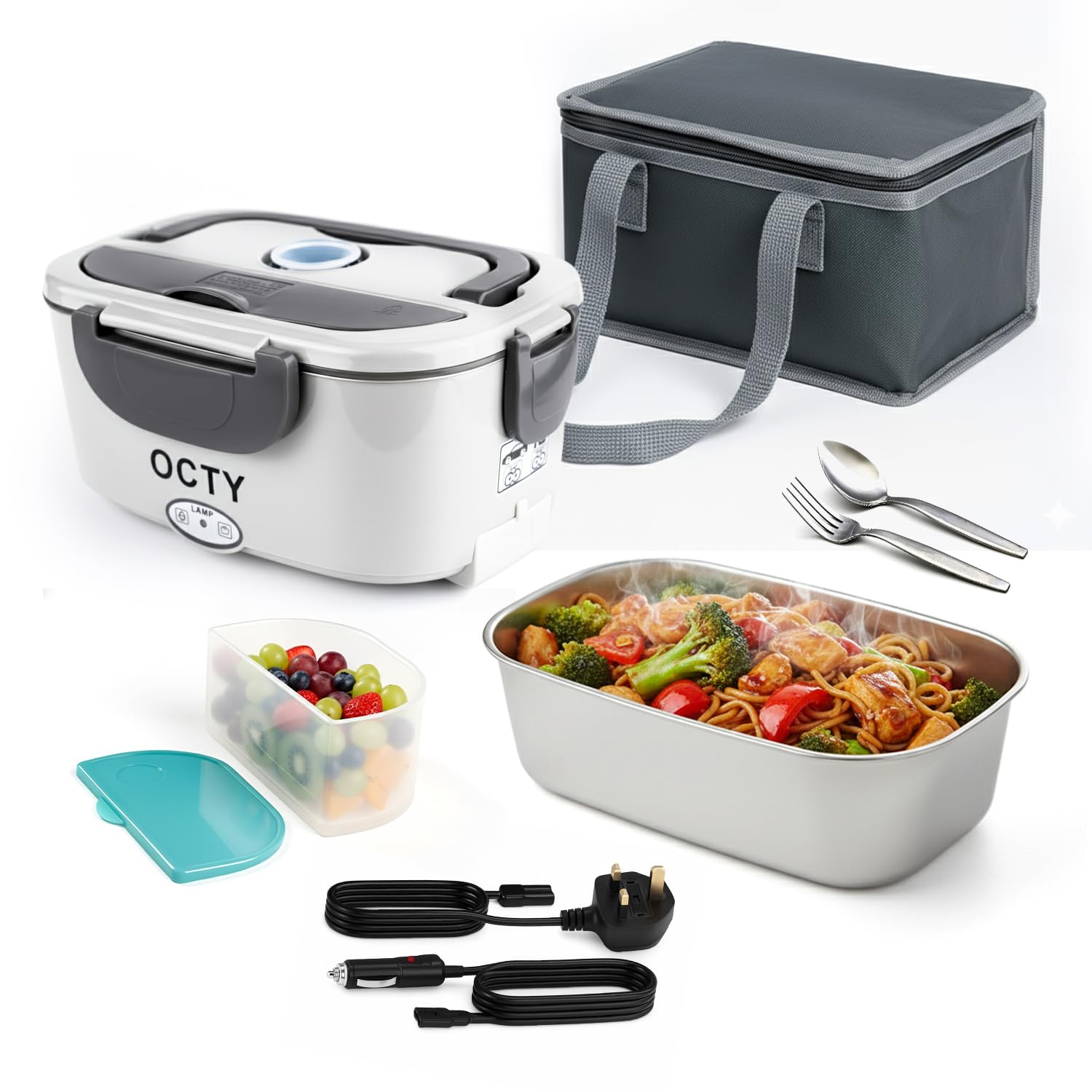 OCTY Electric Heated Lunch Box 80W 1.5L Stainless Steel Food Warmer & Electric Lunchbox for Car (12V) Lorry (24V) & Home (230V) - Self Heating Hot Food Lunch Box for Work, Travel & Drivers White
