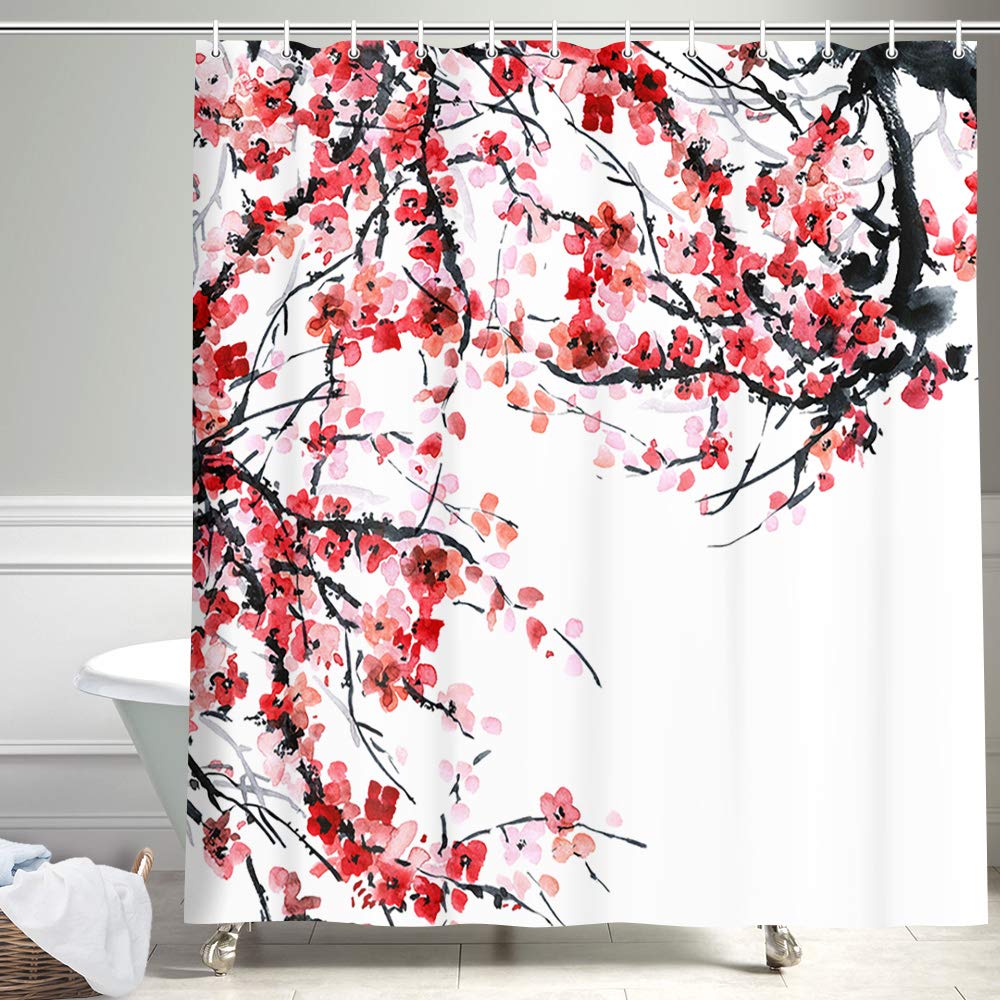 Japanese Cherry Blossom Cloth Fabric Bathroom Shower Curtain, Anime Spring Plum Red Pink Floral Sakura Flower Shower Curtain, Asian Traditonal Black and White Ink Painting Bathroom Accessory Sets,70in