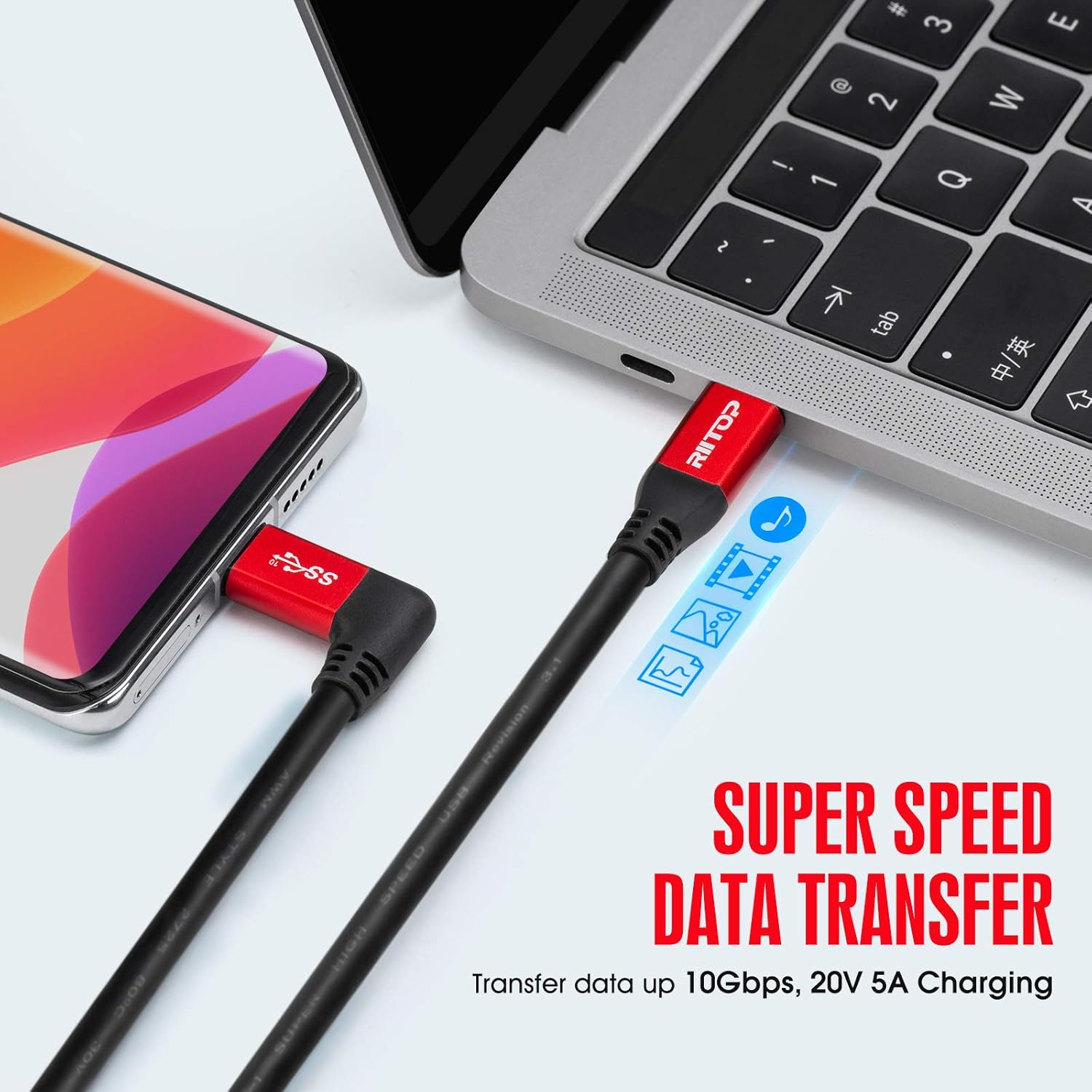 RIITOP USB C to C Cable 100W [10ft], USB 3.1 C (Gen 2) Cable [Angled] with E-Marker, up to 100W PD Charging, 10Gbps Data, 4K Video, Compatible with USB C Monitor Display/Type-C Camera