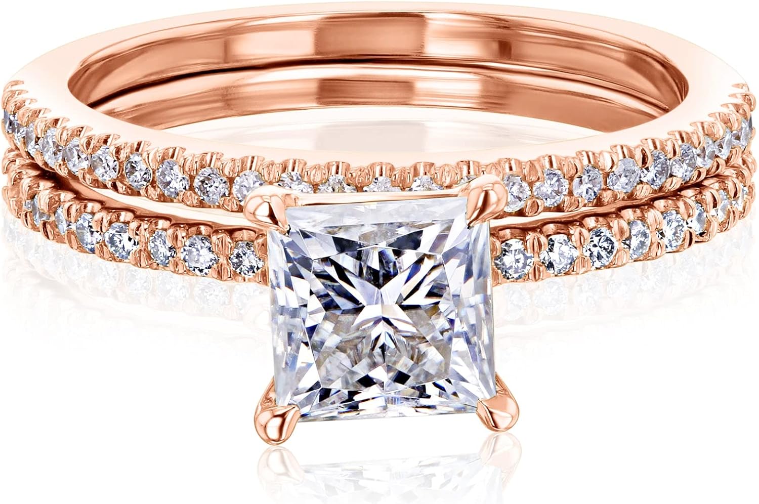 1.15ct Moissanite Princess Petite Shank Bridal Set 14K Gold (GH/VS)
