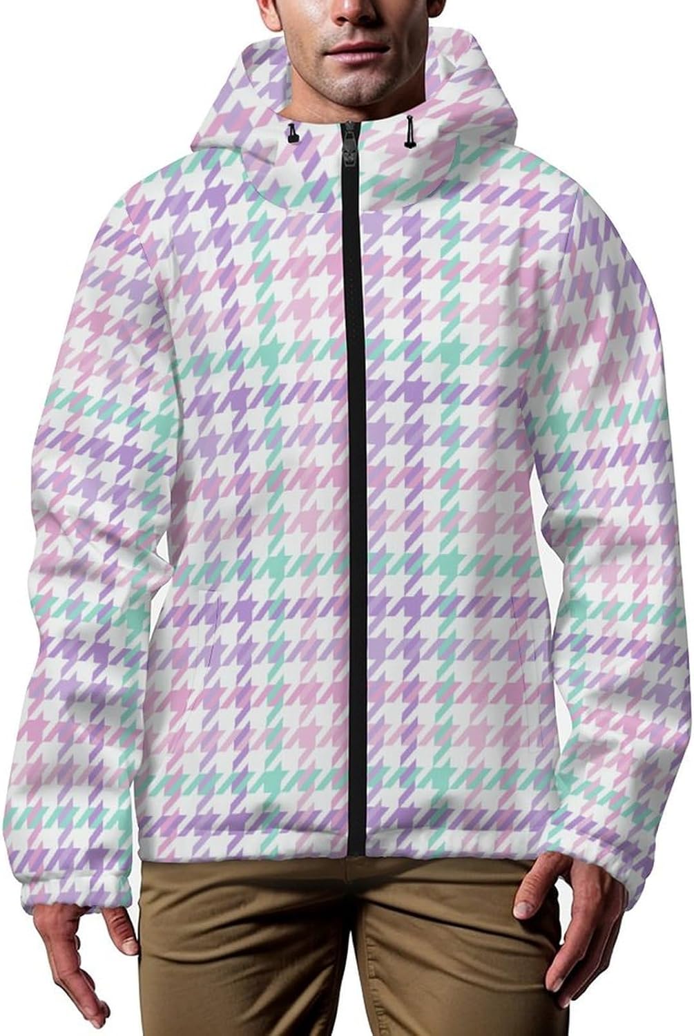 Houndstooth Green Men's Windbreaker Jacket Lightweight Hooded Windbreaker Coat with Pockets