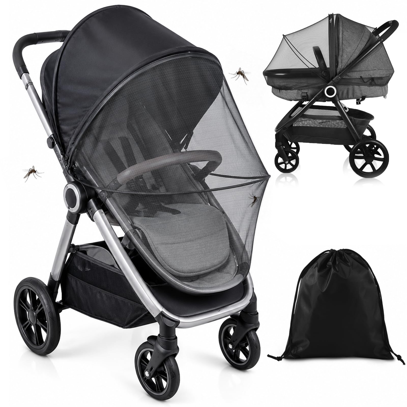 LPZMPZ Moskitonetz Kinderwagen mit Sonnensegel, Insektenschutz Fliegennetz 2-In-1 Sonnenschutz für Kinderwagen & Buggy Universal UV Schutz 50, Mückenschutz Fliegengitter Kinderwagen Schwarz