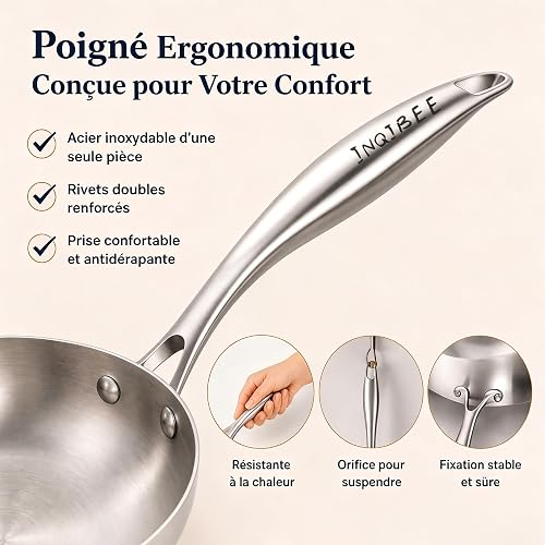 Inqibee Set di 3 padelle in acciaio inox, 20 + 24 + 28 cm, con 1 coperchio, in acciaio inossidabile, facile da pulire, lavabile in lavastoviglie, compatibile con forno, induzione, gas e tutti i fuochi - 5