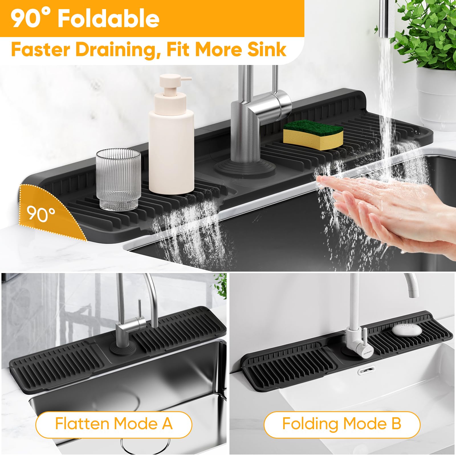 2 Pezzi Tappetino Per Rubinetto in Silicone 37x14cm Tappetino Lavello E Proteggi Lavandino Per Rubinetti Paraspruzzi Lavello Cucina Tappetino Drenante Per Rubinetto Cucina Per Cucina Bagno , Black