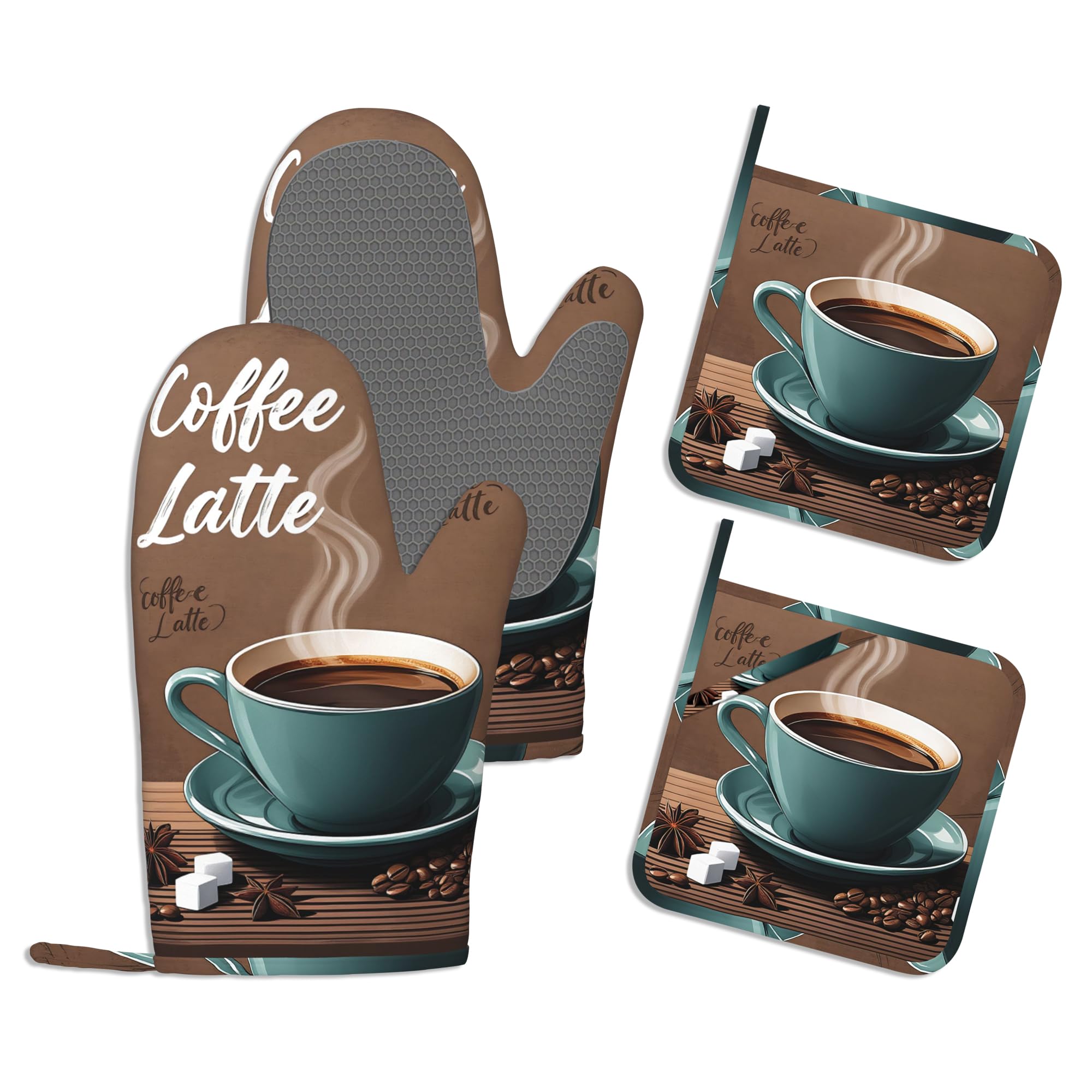 Juego de manoplas de horno y soportes para ollas, juego de guantes de cocina de algodón grueso retro para café, manoplas de silicona antideslizantes impermeables para hornear, bonito juego de