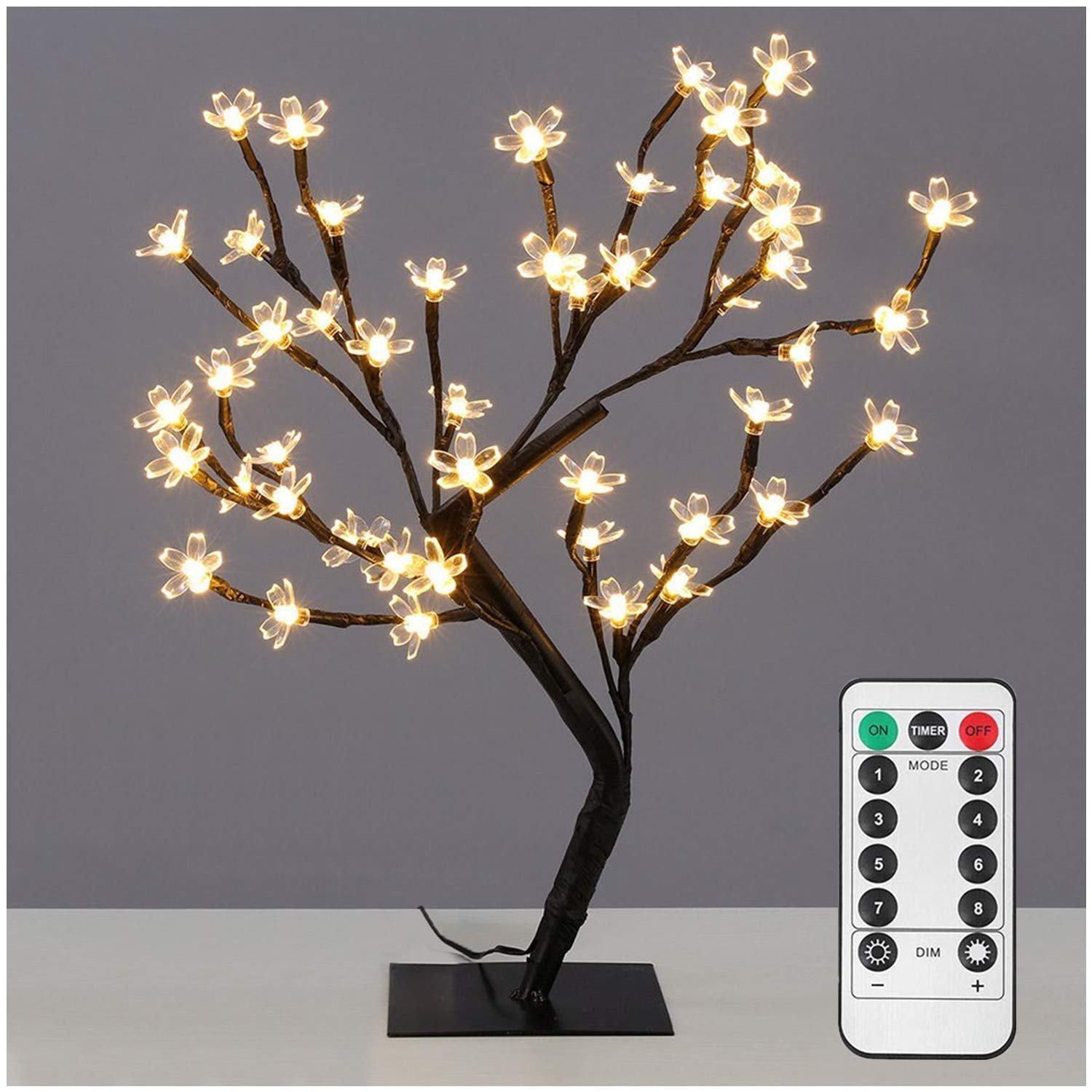 Dimmable Cherry Blossom Tree Light Desk Lamp with Remote,17.7,48LEDs,USB Powered,8 Lighting Mode,Bonsai Tree Night Light with Timer,Perfect for Living Room Bedside Sunroom Office Den (Warm White)