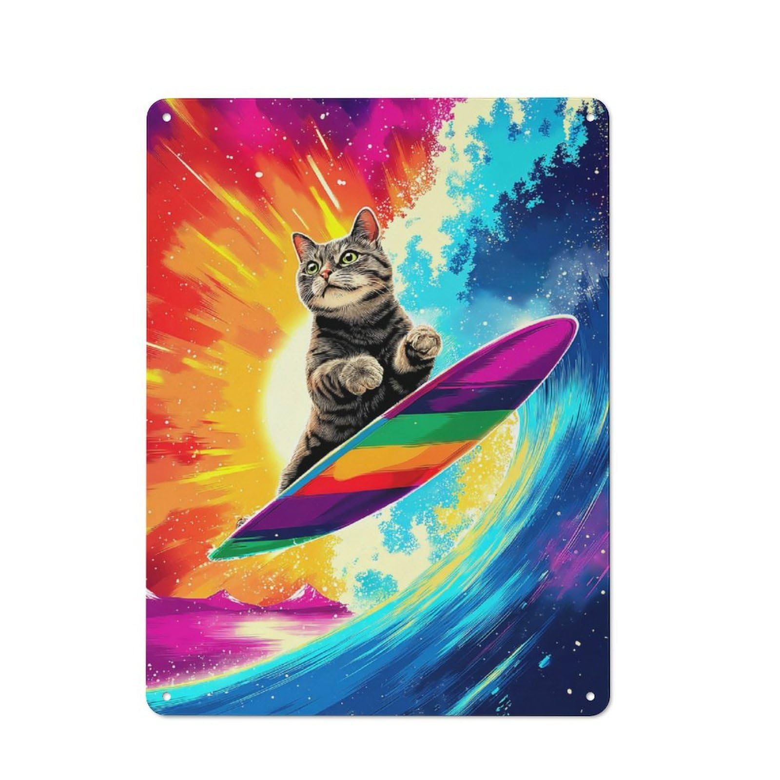 Tin Wall Plaque 40x30cm with Rainbow Surfing Cat Adventure -2 for Kitchen Or Home Bar, for Metal Sign Collectors, for Cafés, Pubs And Restaurants