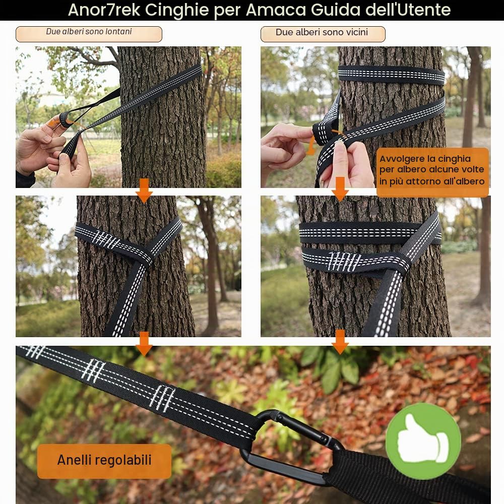 AnorTrek Amaca da Campeggio, Super Leggera e Portatile in Paracadute con Due Cinghie per Albero, Singola o Doppia in Nylon da Viaggio per Campeggio, Backpacking e Escursionismo