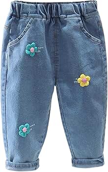 Amazon.com: Girls Jeans Flower Embroidered Elastic Waist