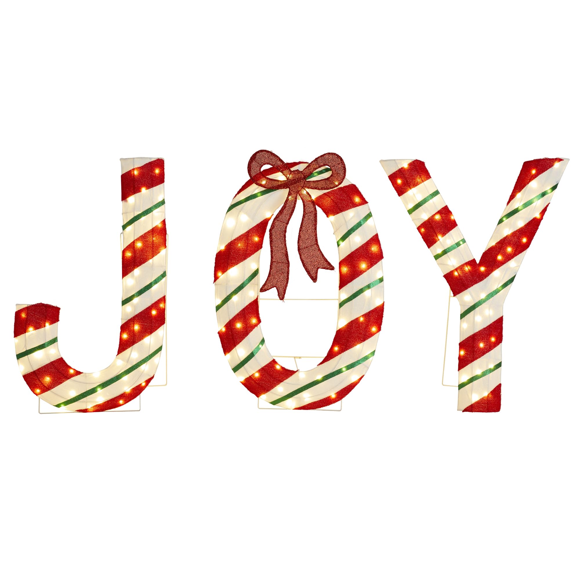 Glitzhome Joy Décoration de Noël Lumineuse avec 160 LED Blanc Chaud, Lettres en Tissu à Rayures en Sucre d'orge, Grand Panneau Festif pour Vacances, Porche, pelouse