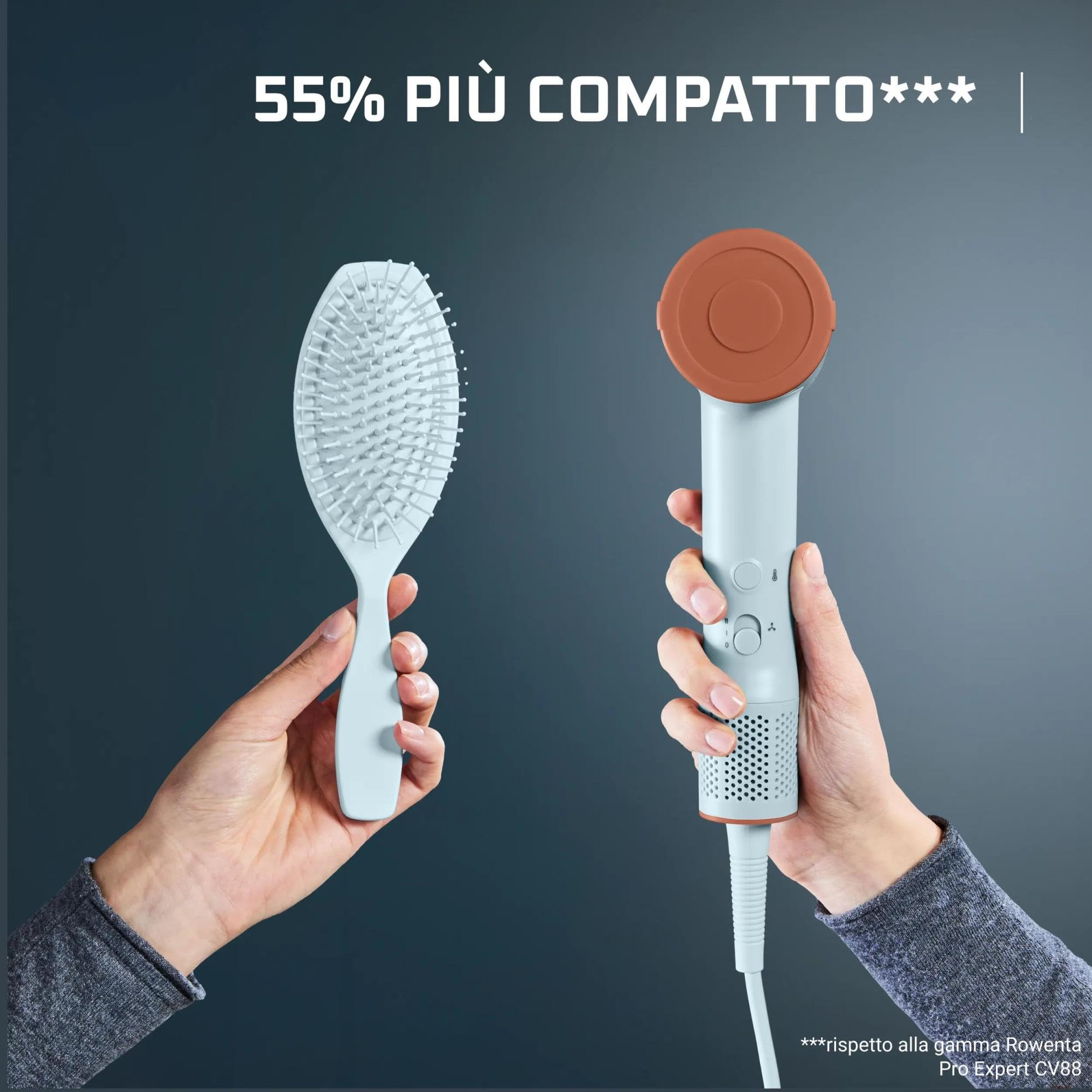 Rowenta Blumia Asciugacapelli Compatto e Leggero 350 g, Motore Digitale, Asciugatura Rapida, Generatore di Ioni, 3 Temperature, 2 Velocità, Beccuccio Magnetico, Blu